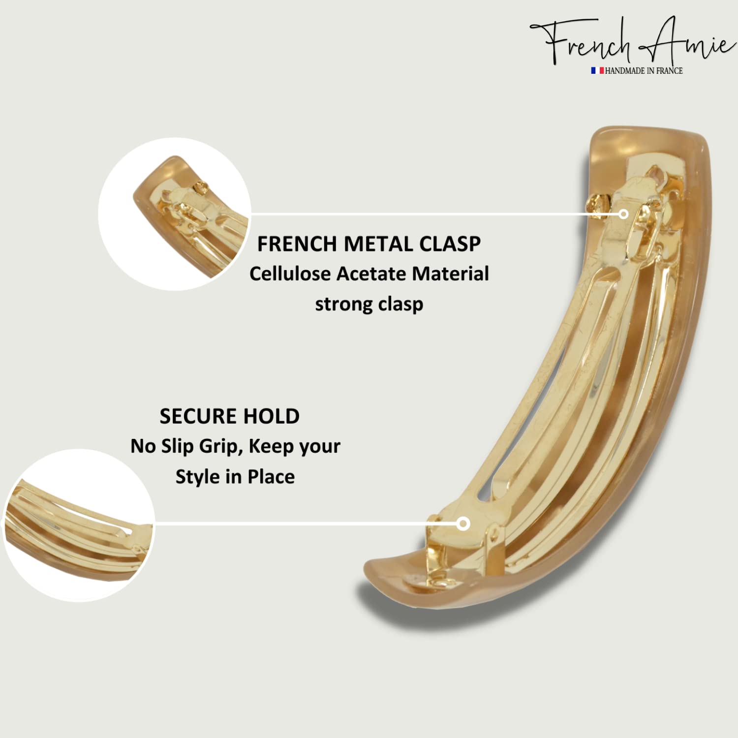 French Amie Curved Oblong Large Celluloid Acetate Handmade Volume Hair Clips - No Slip Fashion Hair Accessories for Women & Girls - Glossy Golden Barrette Made in France - Perfect for Weddings, Parties & Everyday Styling