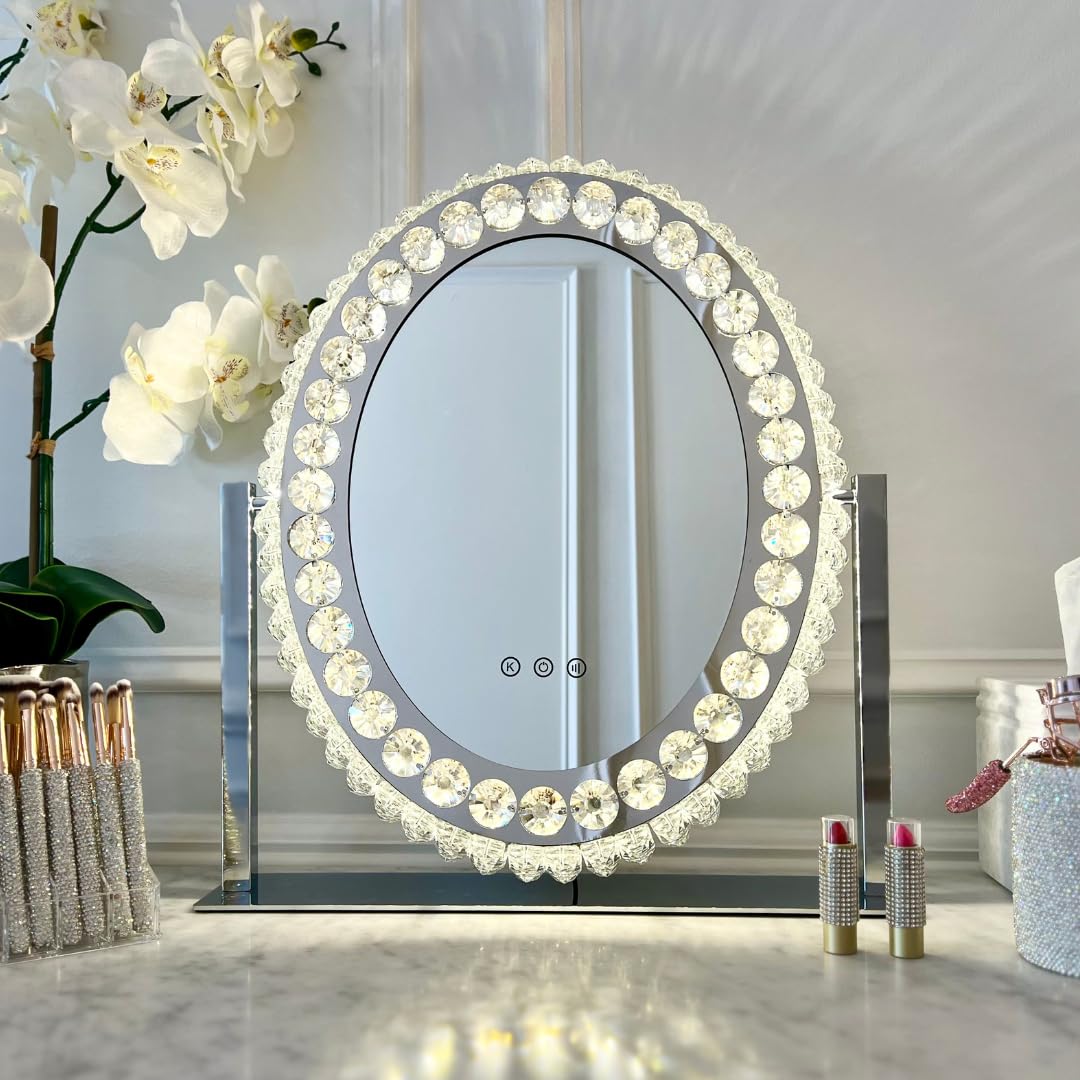 Oval LED Vanity Mirror with Crystal Accents - Illuminated Makeup Mirror with Adjustable Brightness for Perfect Makeup Application at Home or Salon