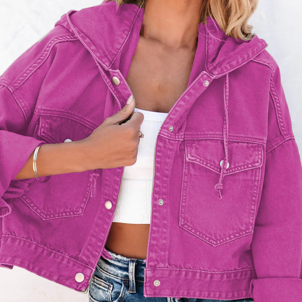 Stylish Hooded Dropped Shoulder Denim Jacket for Women - Trendy Oversized Denim Coat with Hood for Casual Outfits & Streetwear Fashion