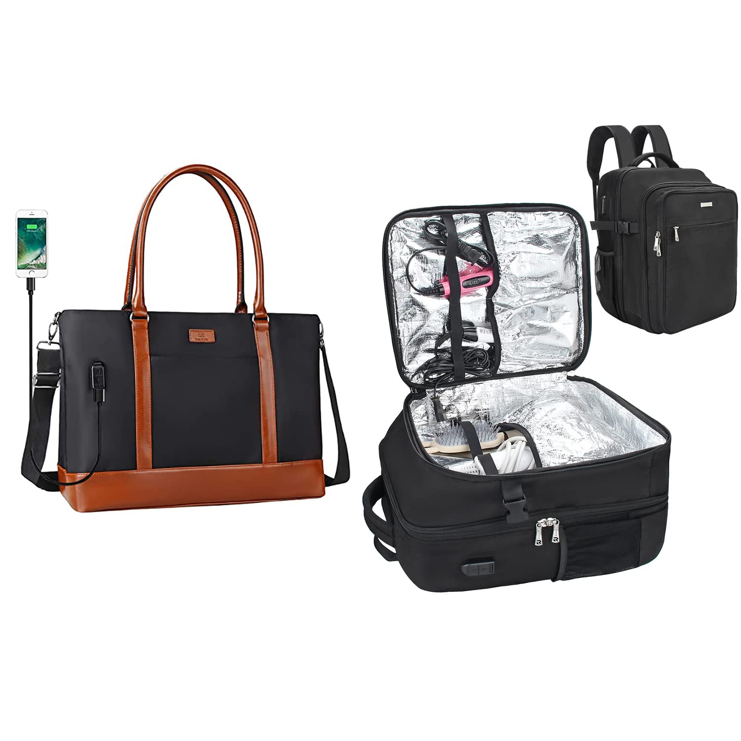 17 Inch Laptop Backpack for Men & Women - Brown Leather Briefcase & Black Barber Travel Backpack - Perfect for Business, Work, Gym & Airplane Carry-On