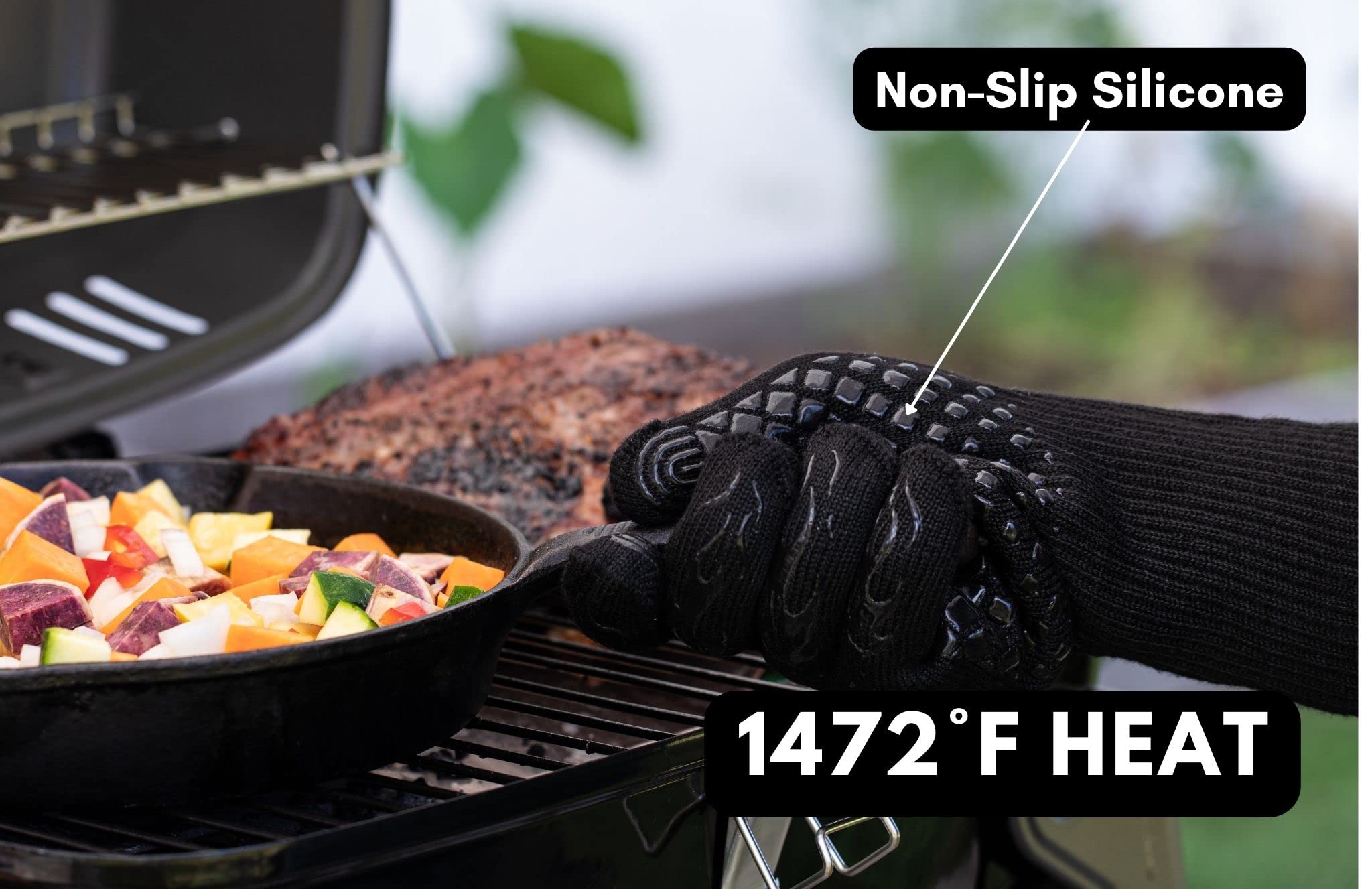 Heat Resistant BBQ Gloves - 1472°F High Temperature Grilling Gloves with Non-Slip Silicone Grip - Perfect for Outdoor Cooking, Barbecue, Oven Use, Baking & Kitchen Safety - Ideal for Grilling, Smoking, Camping & Backyard Parties