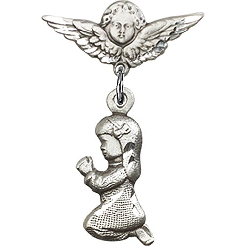 Sterling Silver Baby Badge Pin with Praying Girl Charm & Angel Wing Charm - 1 1/8