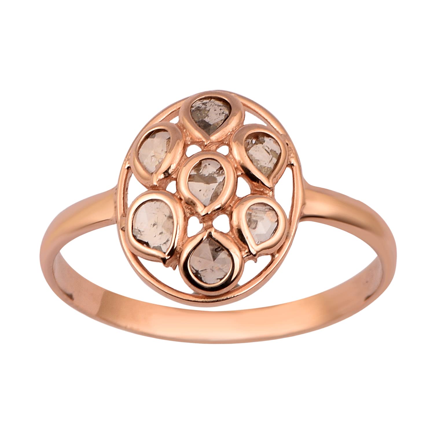 0.50 CTW Natural Rose Cut Champagne Diamond Geometric Oval Post Ring - 925 Sterling Silver Rose Gold Plated - Elegant Jewelry for Weddings, Anniversaries & Special Occasions
