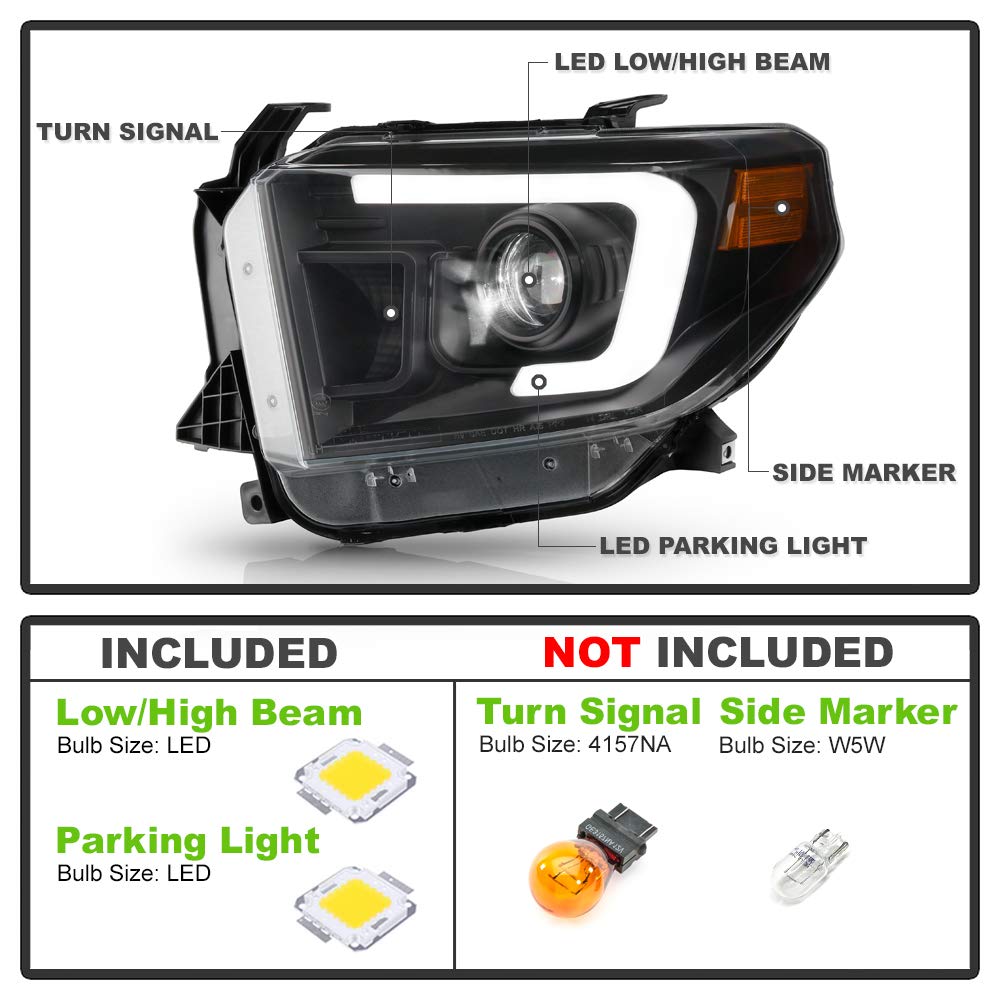 ACANII LED Projector Headlights for 2014-2017 Toyota Tundra SR & SR5 - Built-in LED Tube, Complete Left & Right Assembly - Upgrade Your Night Driving Safety & Style