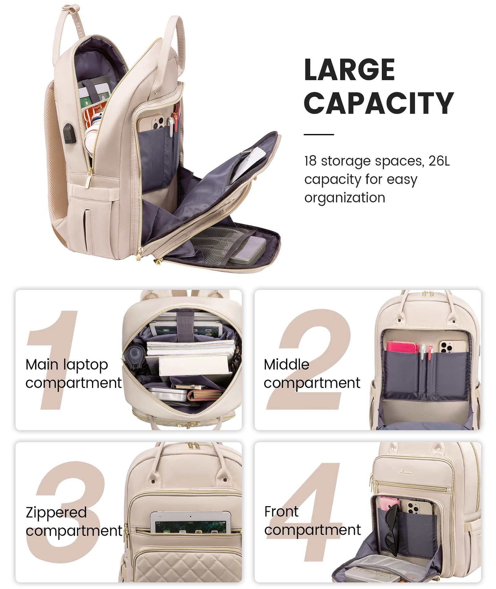 LOVEVOOK 15.6 Inch Laptop Backpack for Women - Water Resistant Lightweight Travel Work Backpack with USB Charging Port - Quilted Commuter Backpack Purse for Teacher, Nurse & Students - Perfect for Office, School & Business Travel - Beige