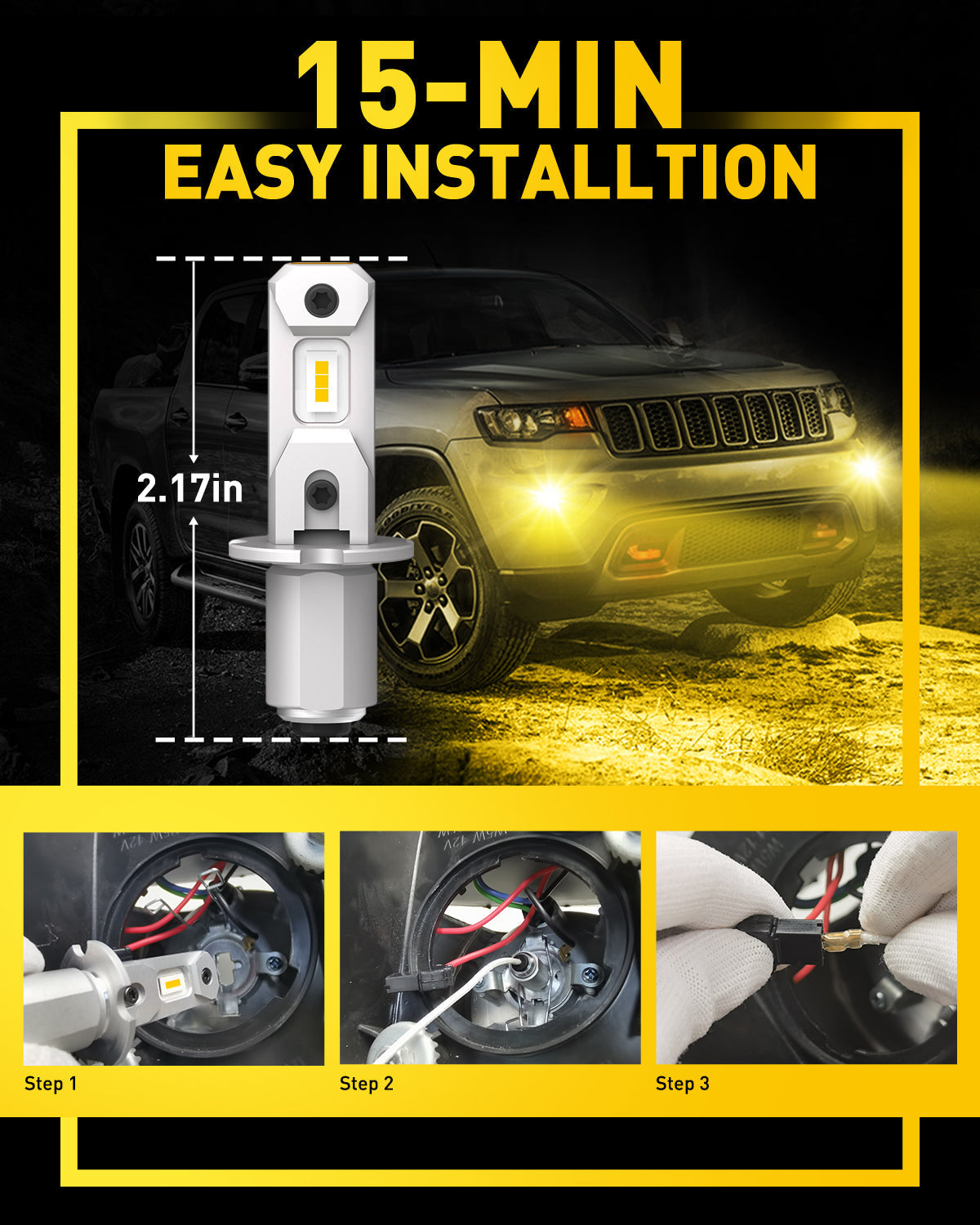 AUXITO H3 LED Fog Light Bulbs - 8 CSP Chips, 3000K Amber Yellow for Enhanced Visibility in Rain, Snow & Fog - Perfect for Trucks, SUVs & Off-Road Vehicles