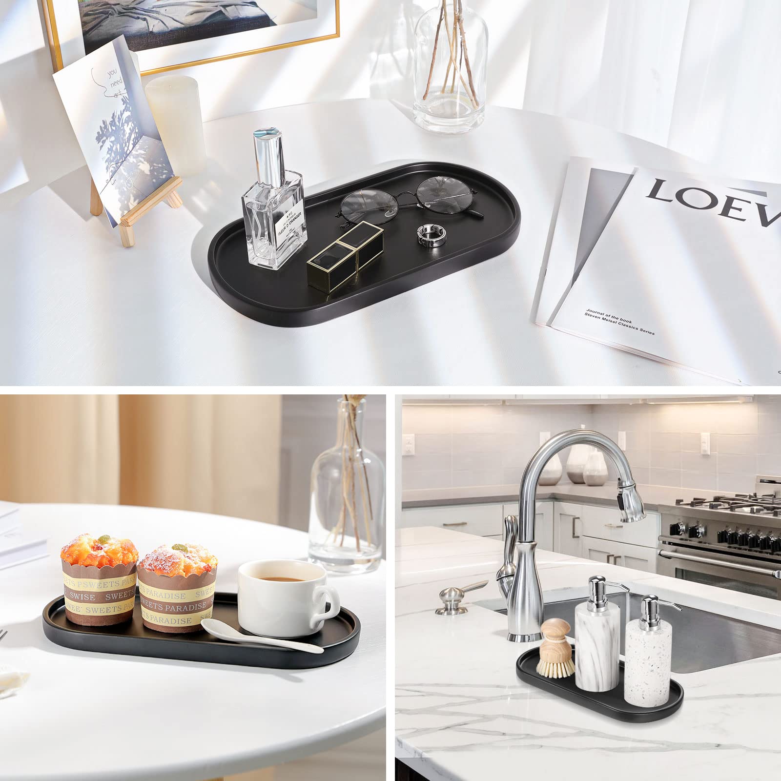 Luxspire Oval Bathroom Vanity Tray - Handmade Resin Soap Dispenser & Jewelry Organizer - Matte Black Marble Countertop Tray for Bathroom, Kitchen & Toilet Tank - Perfect for Perfume Display, Jewelry Storage & Home Decor