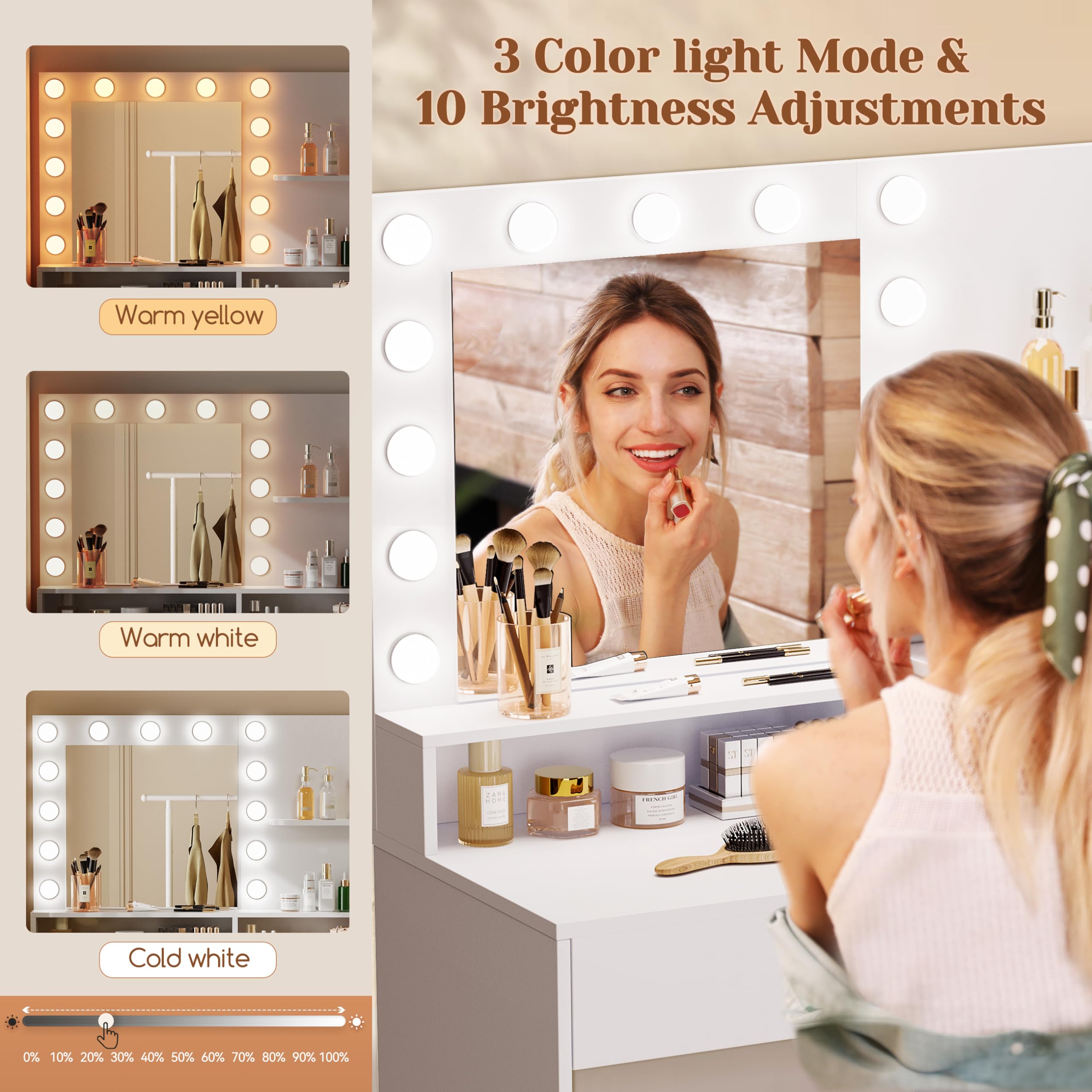 Vanity Desk with Mirror & LED Lights - White Makeup Dressing Table with Storage Drawers & Cabinet, 3 Lighting Modes & 10 Brightness Levels - Perfect for Bedroom, Dressing Room & Home Salon (Ideal for Makeup Application, Skincare Routine & Beauty Organization)