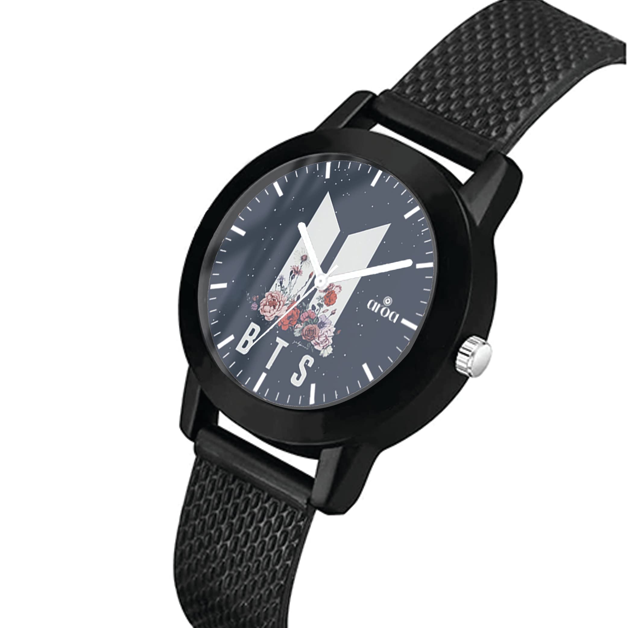 BTS Army Logo AROA Women's Black Metal Rubber Strap Analog Watch with Black Dial - Stylish Fashion Watch for Girls, Perfect for K-Pop Fans, Concerts, and Everyday Wear