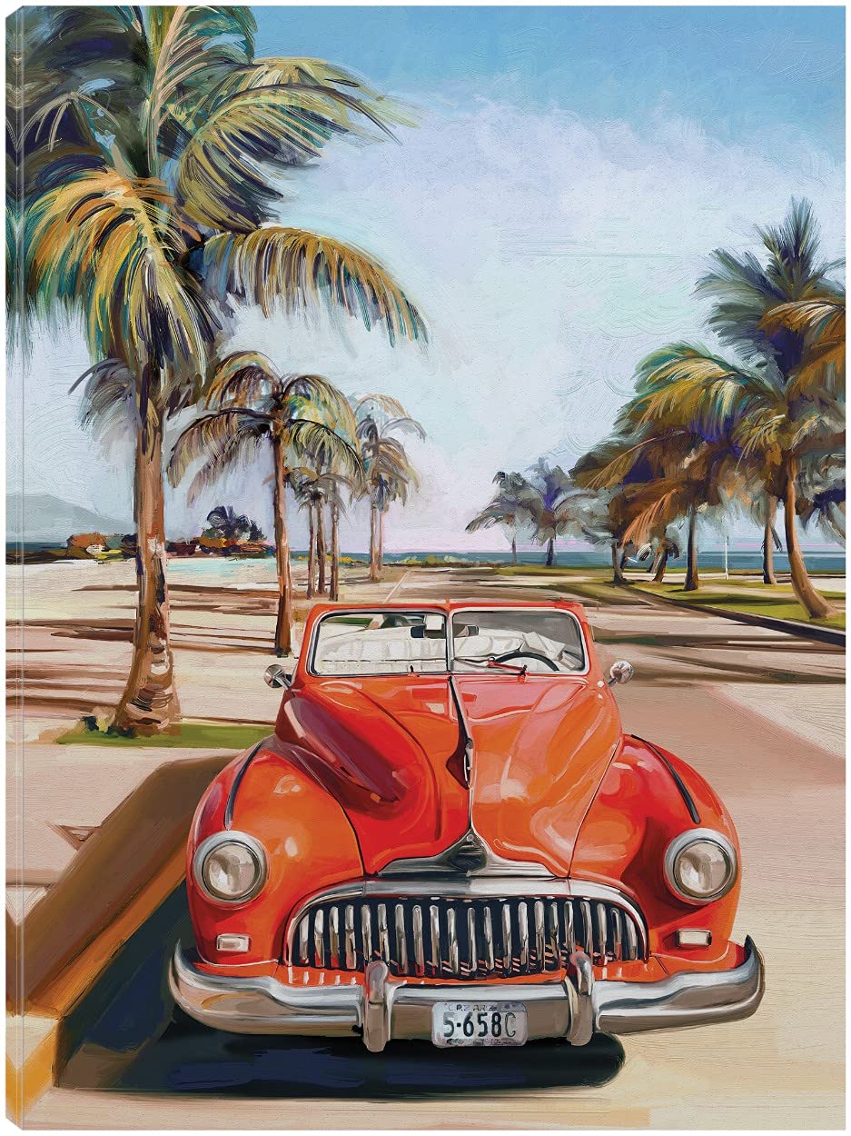 Retro Beach Day Fine Art Canvas Wall Decor - 32x43 Inch Ready to Hang Painting for Living Room, Bedroom, Bathroom, Kitchen, Office, Bar & Dining Room - Coastal Home Decor & Beach House Wall Art