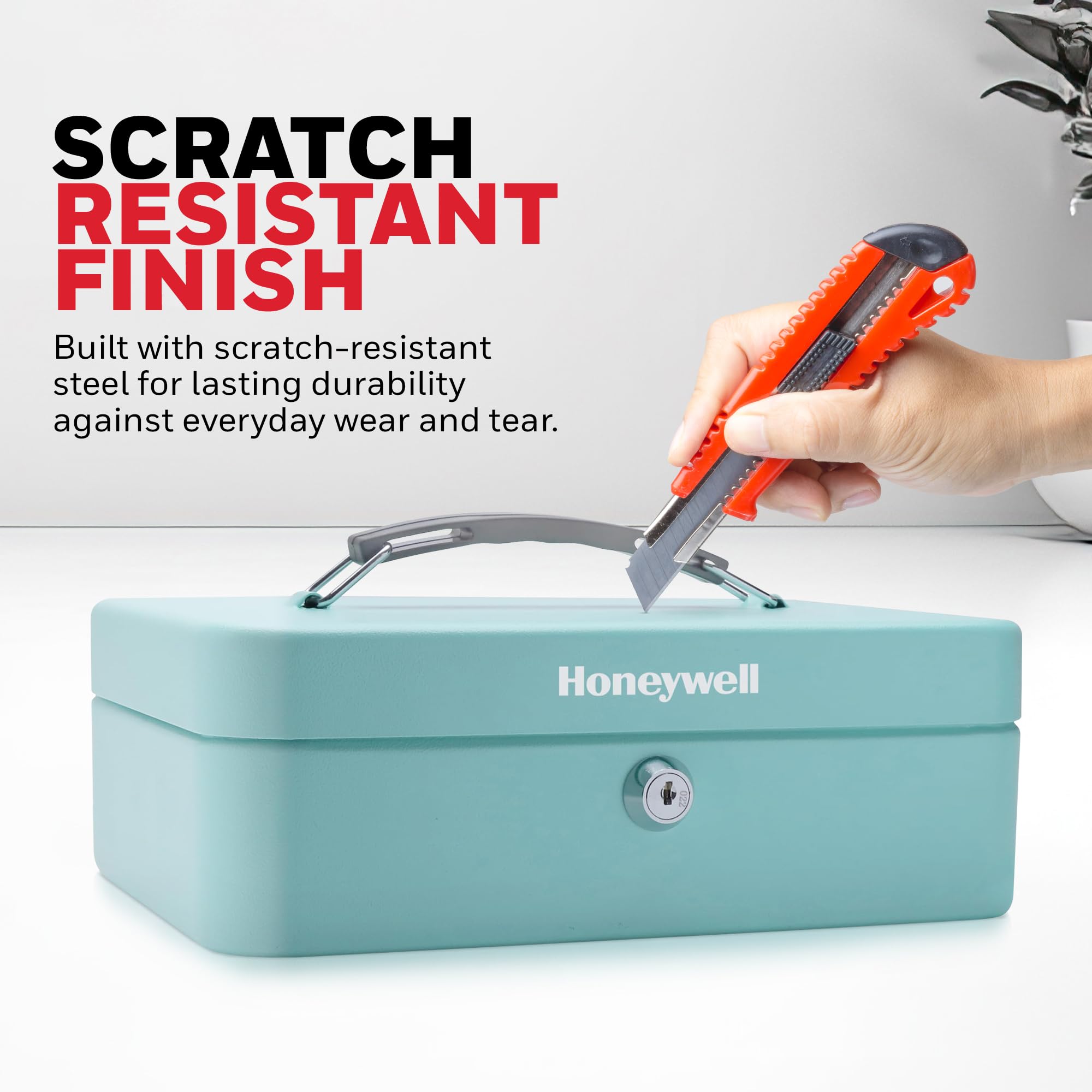 Honeywell Steel Security Cash Box with Key Lock - 0.14 CU Teal Money Lock Box - Includes 1 Removable Cash Tray & 5 Coin Slots - Durable & Scratch Resistant Safe for Home, Office, or Retail Use - Model 6112TL
