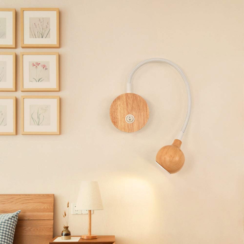 Adjustable Wood LED Wall Lamp with Knob Switch - Directional Reading Light for Bedroom & Nightstand - Modern Indoor Lighting (Silver) - Perfect for Bedside, Study Nook & Cozy Reading Corners