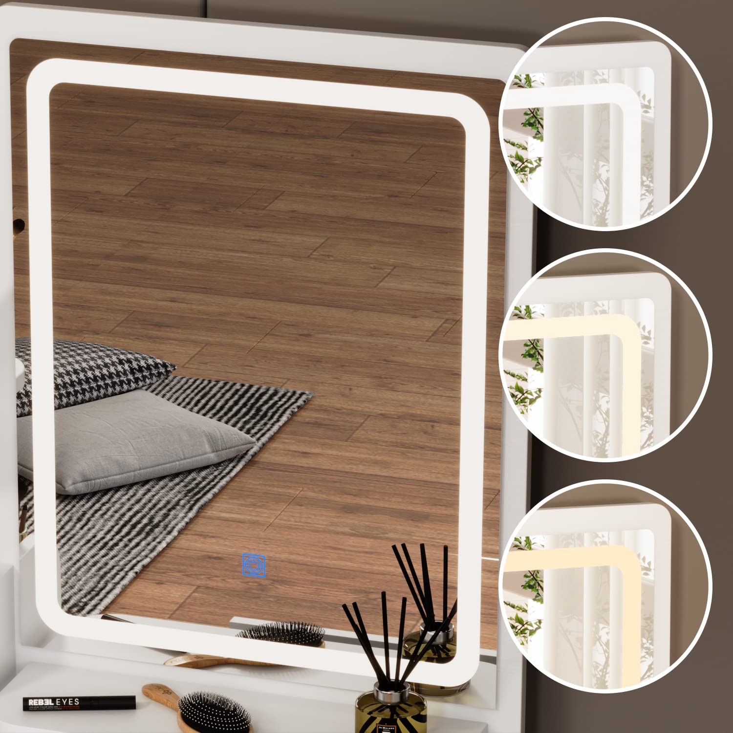 FUFU&GAGA White Vanity Desk Set with LED Lighted Mirror - Makeup Dressing Table with Storage Shelves & Cushioned Stool (31.5