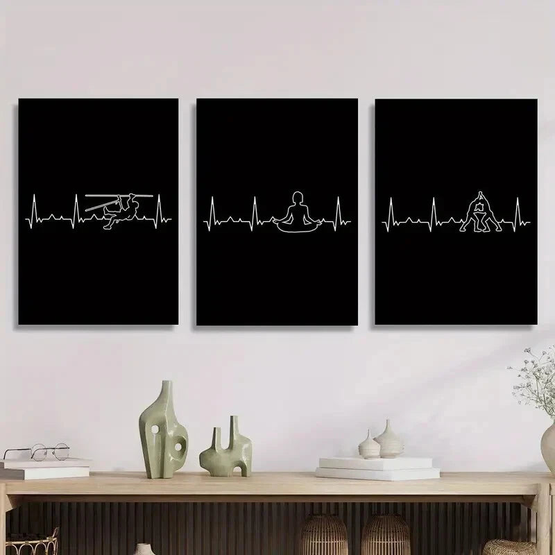 3-Piece Metal Wall Art Prints - Climbing, Wrestling & Yoga Poses with EKG Design - Ready to Hang Home & Gym Decor for Fitness Enthusiasts & Sports Lovers