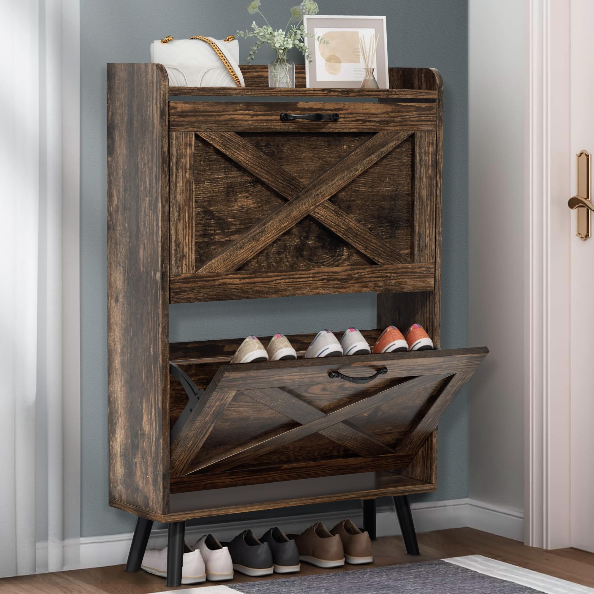 Betterland 2-Tier Flip-Drawer Shoe Storage Cabinet - Freestanding Shoe Organizer Rack for Entryway, Hallway & Living Room - Space-Saving Narrow Shoe Cabinet for Small Spaces (Brown) | Perfect for Apartments, Dorms & Closet Organization