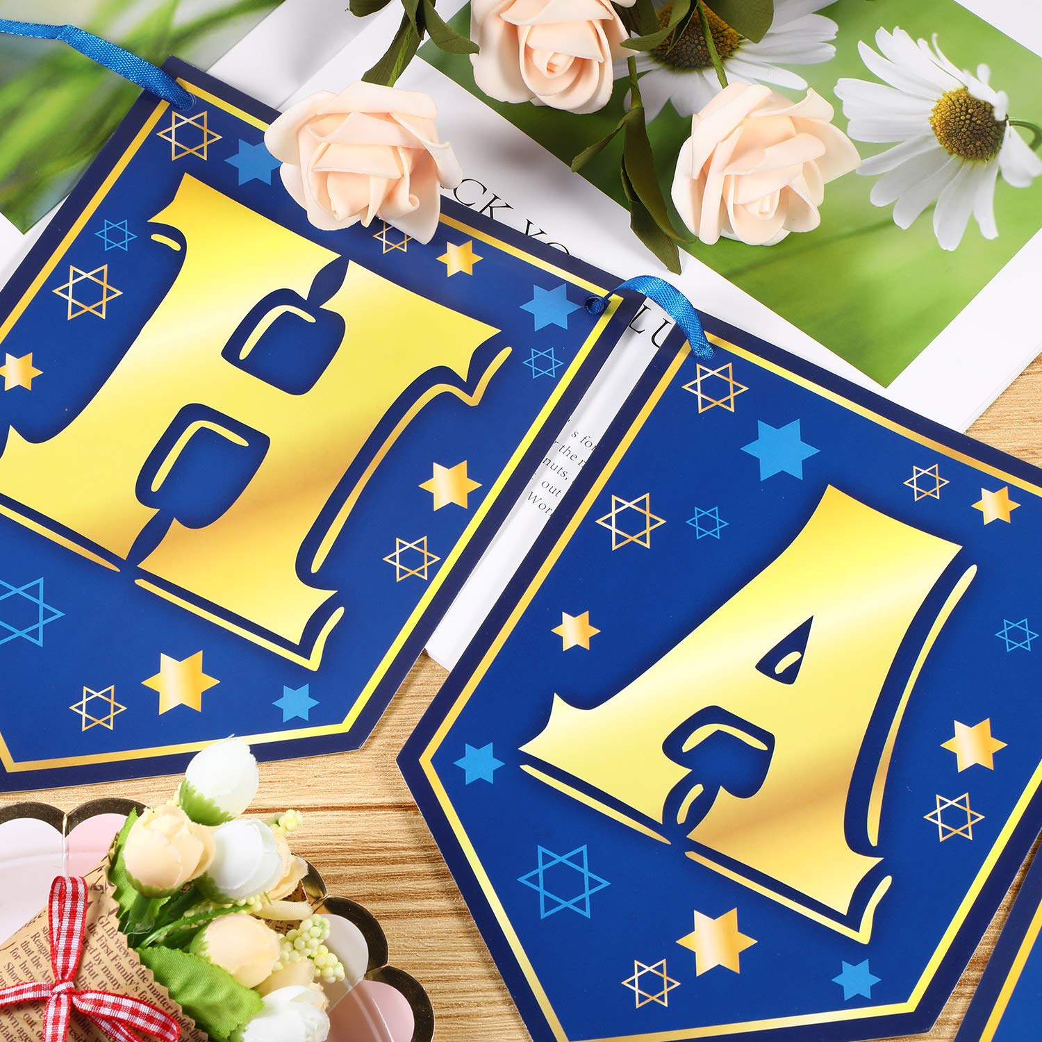 Happy Hanukkah Banner - Chanukah Letter Menorah Pattern Decoration for Jewish Festival of Lights | Party Supplies for Hanukkah Celebrations, Home & Synagogue Decor
