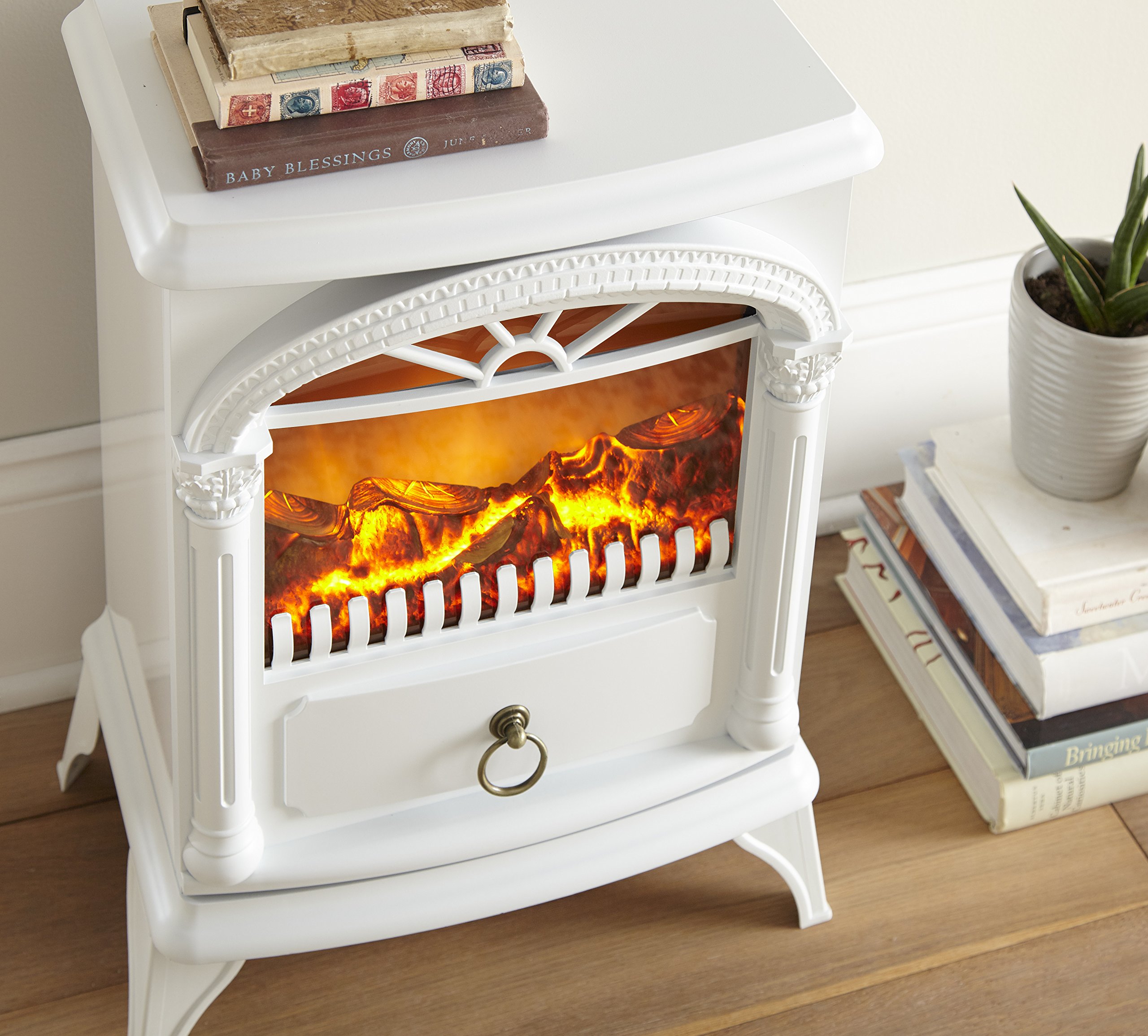 Hamilton Indoor Compact Freestanding Electric Fireplace Heater with Realistic 3D Wood Burning Flame - Winter White - Perfect for Living Room, Bedroom & Office Heating