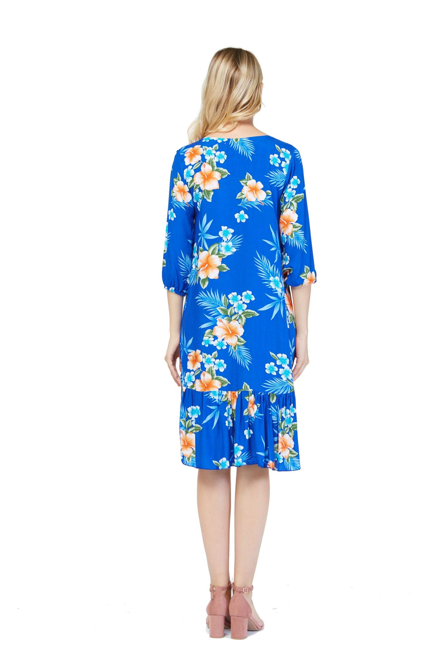 Hawaiian Couple Matching Luau Shirts & 3/4 Sleeve Ruffle Dress Set - Tropical Hibiscus Blue Print for Beach Party, Vacation, Summer Date Night