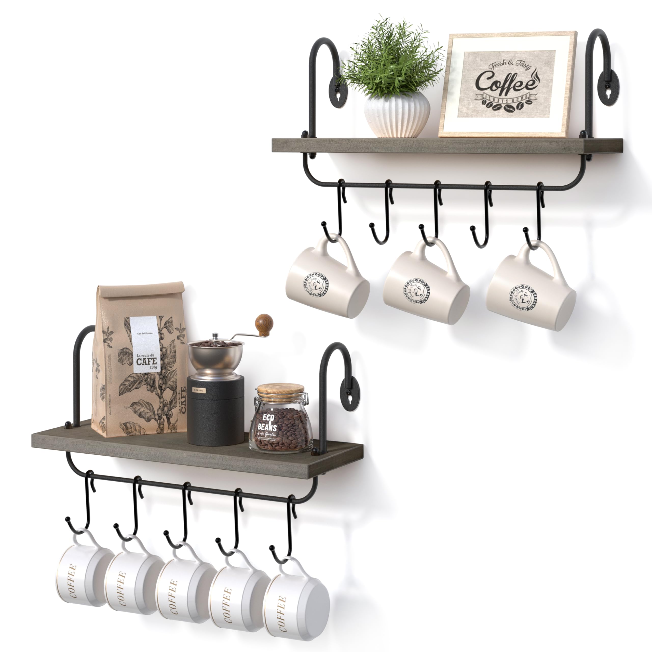 Olakee 2-Pack Floating Wall Shelves with 10 Adjustable Hooks - 17x5.9 Inch Rustic Bathroom & Kitchen Storage for Mugs, Towels, Utensils - Perfect for Small Spaces, Coffee Nooks & Farmhouse Decor (Weathered Grey)