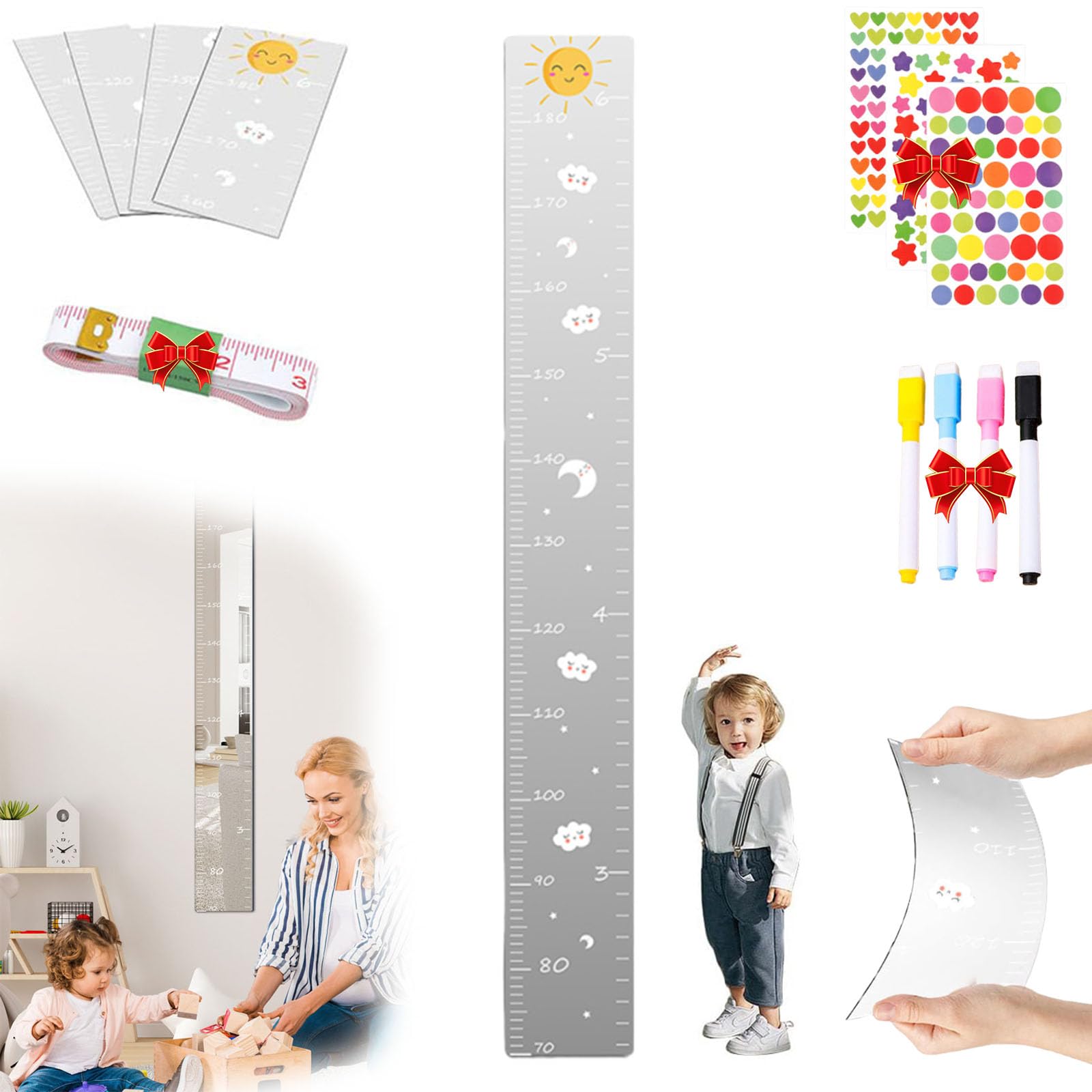 Puzzle Mirror Growth Chart for Kids - Wall Mounted Height Measuring Mirror for Bedroom & Playroom Decor - Fun & Educational Growth Tracker for Children's Rooms (A)