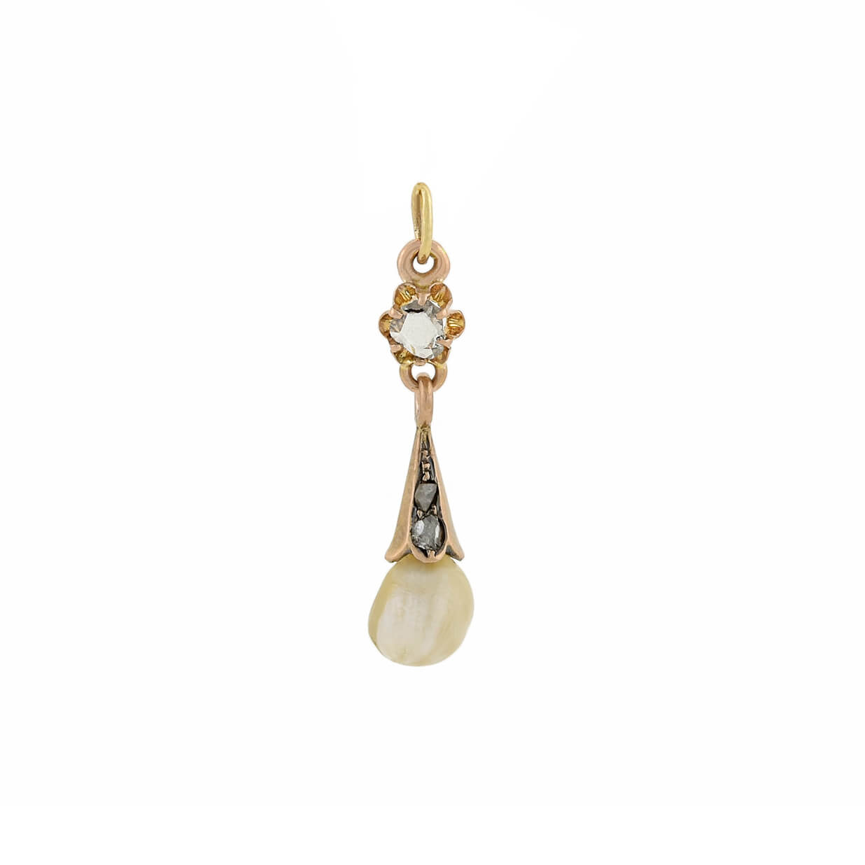 Victorian Style 14kt Gold Rose Cut Diamond & Natural Pearl Pendant Necklace - Elegant Vintage Jewelry for Weddings, Anniversaries & Special Occasions
