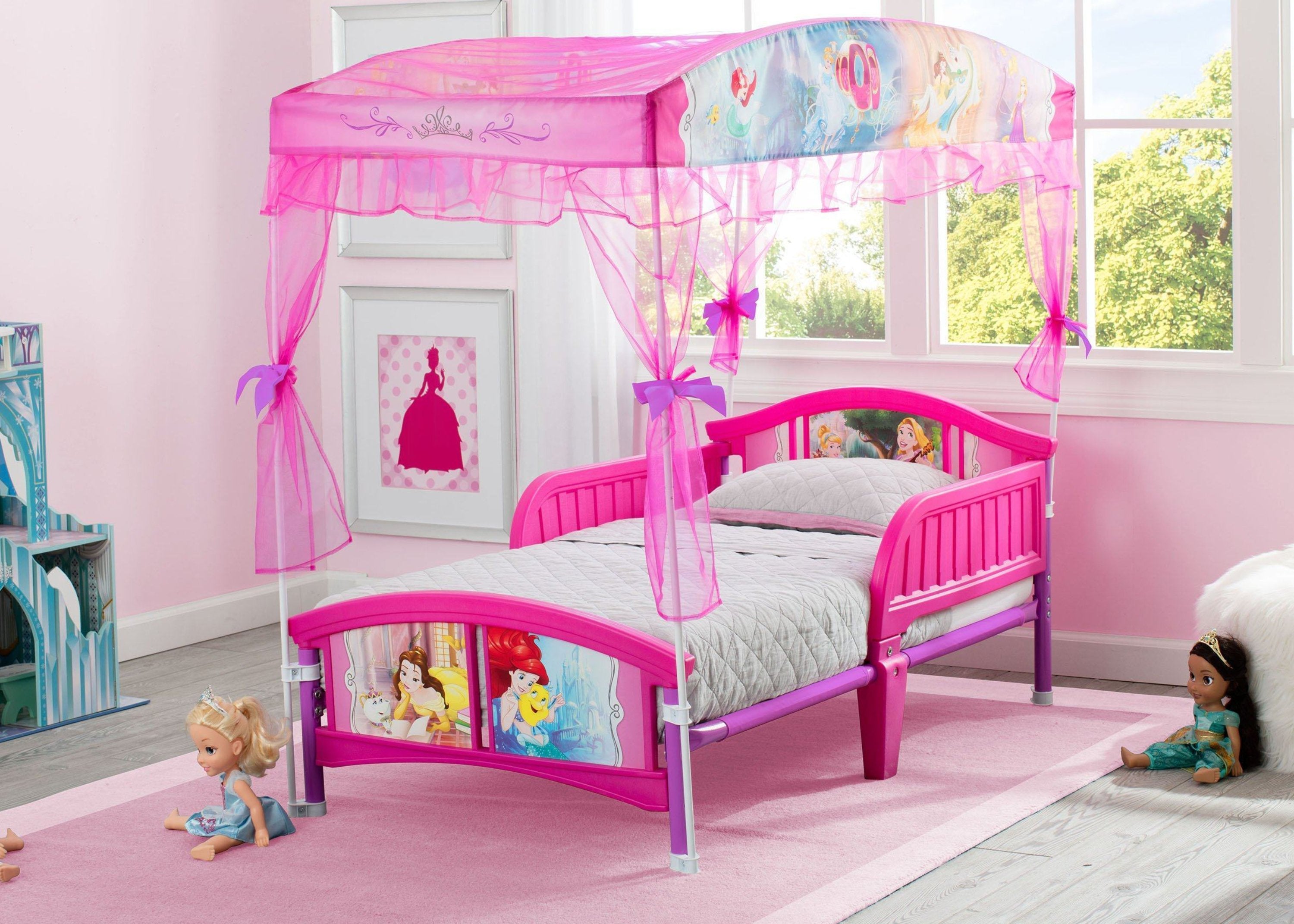 Princess Canopy Toddler Bed for Girls - Pink & White Floral Design - Perfect for Nursery, Bedroom Decor & Kids Sleepover Parties