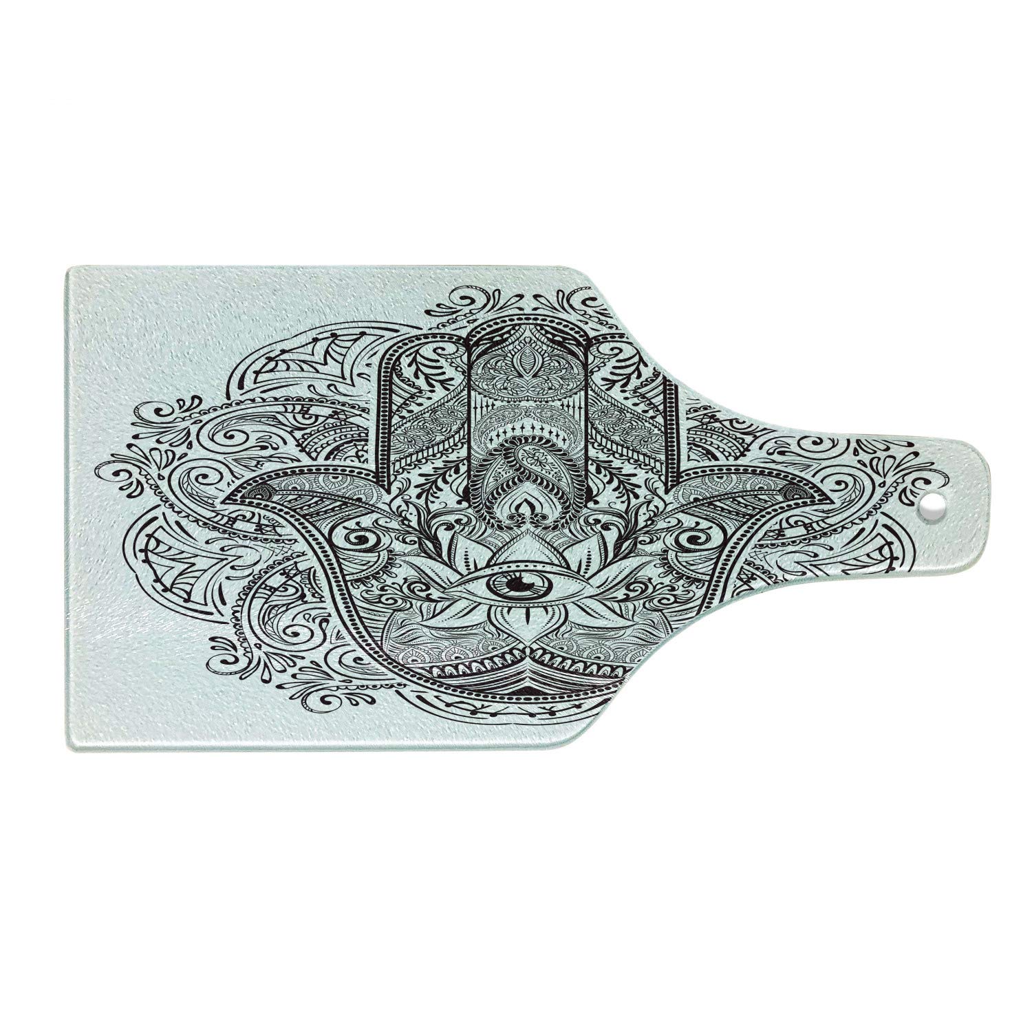 Ambesonne Hamsa Tempered Glass Cutting Board - Hand Drawn Exotic Oriental Folklore Design with Antique Art Swirls - Dark Brown & White Wine Bottle Shaped Serving Board for Kitchen, Dining & Gift Giving