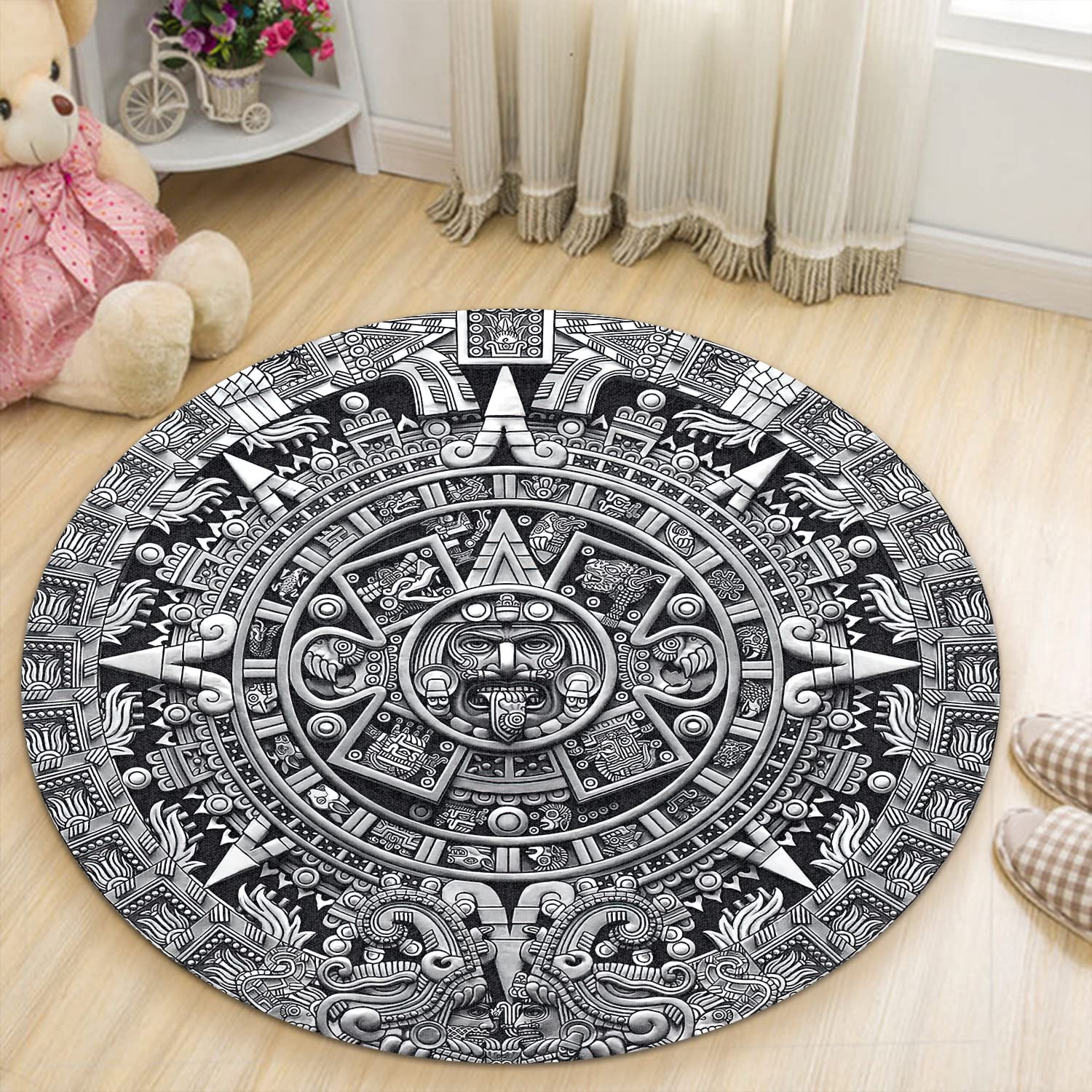 6ft Round Southwestern Aztec Rug - Ancient Mexico Calendar Design Grey Western Carpet, Non-Slip Outdoor & Indoor Rug for Bedroom, Living Room, Patio Decor | Alfombras Aztecas Mexica Civilization Inspired Home Decor