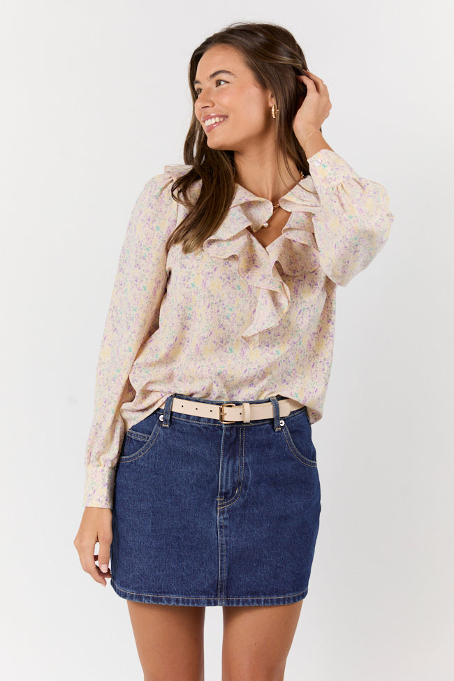 Pastel Floral Ruffle Trim Blouse for Women - Elegant Spring Summer Top - Perfect for Office, Date Night & Casual Outings