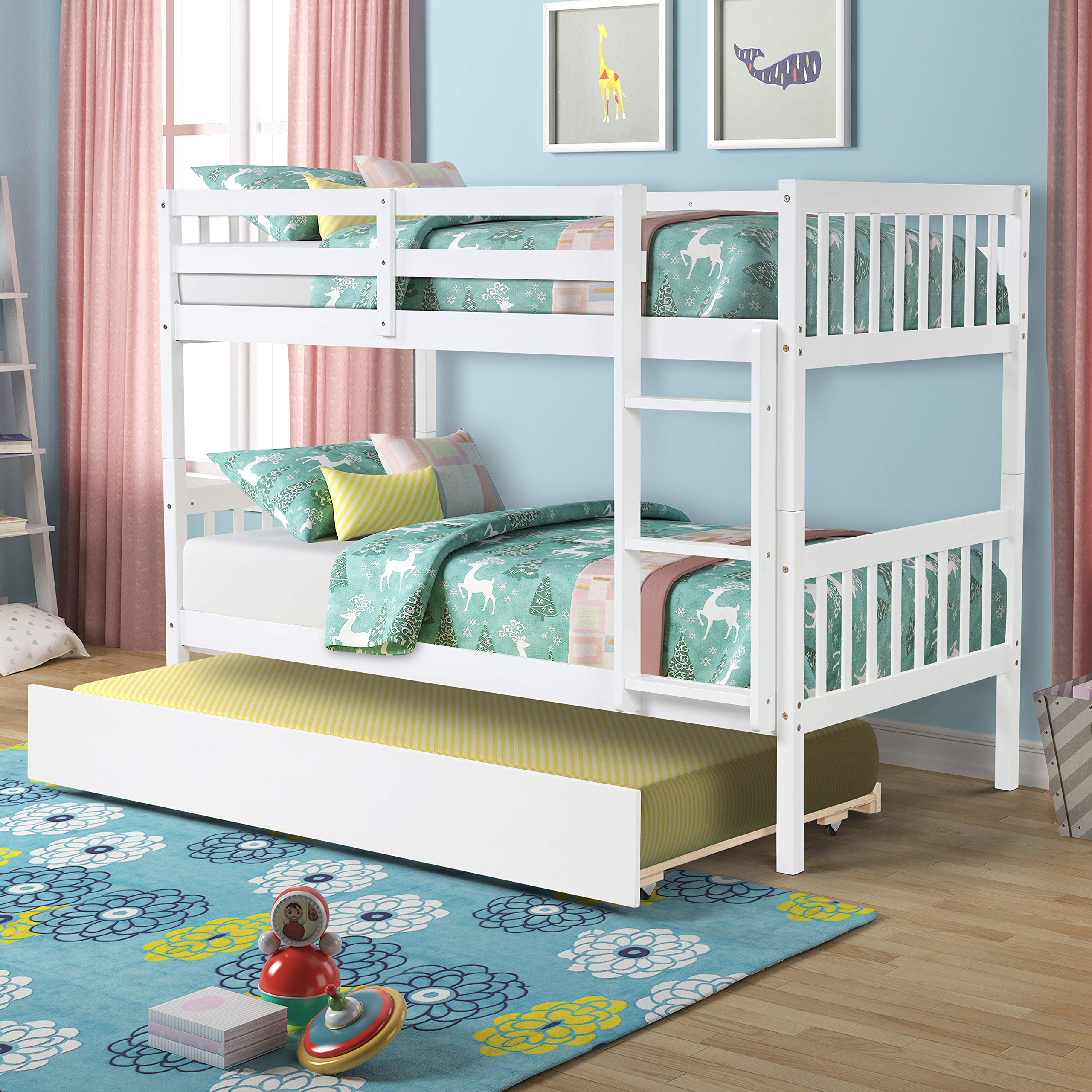 Awlstar Twin Over Twin Bunk Bed - Solid Hardwood Twin Bunk Bed with Ladder & Safety Rail - Convertible to 2 Separate Beds - Space-Saving Kids Bedroom Furniture for Small Rooms & Shared Spaces (White)