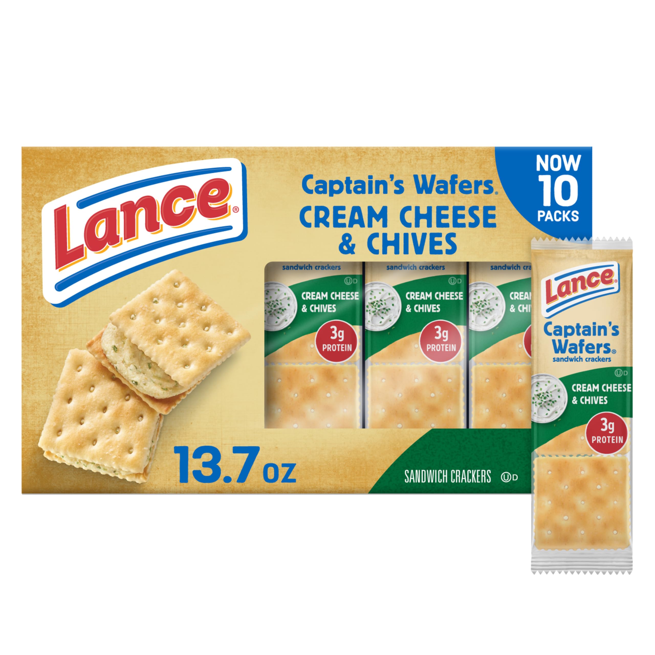 Lance Sandwich Crackers - Captain's Wafers Cream Cheese & Chives (10 Packs, 6 Sandwiches Each) | Perfect for Lunch Boxes, Office Snacks & Road Trips