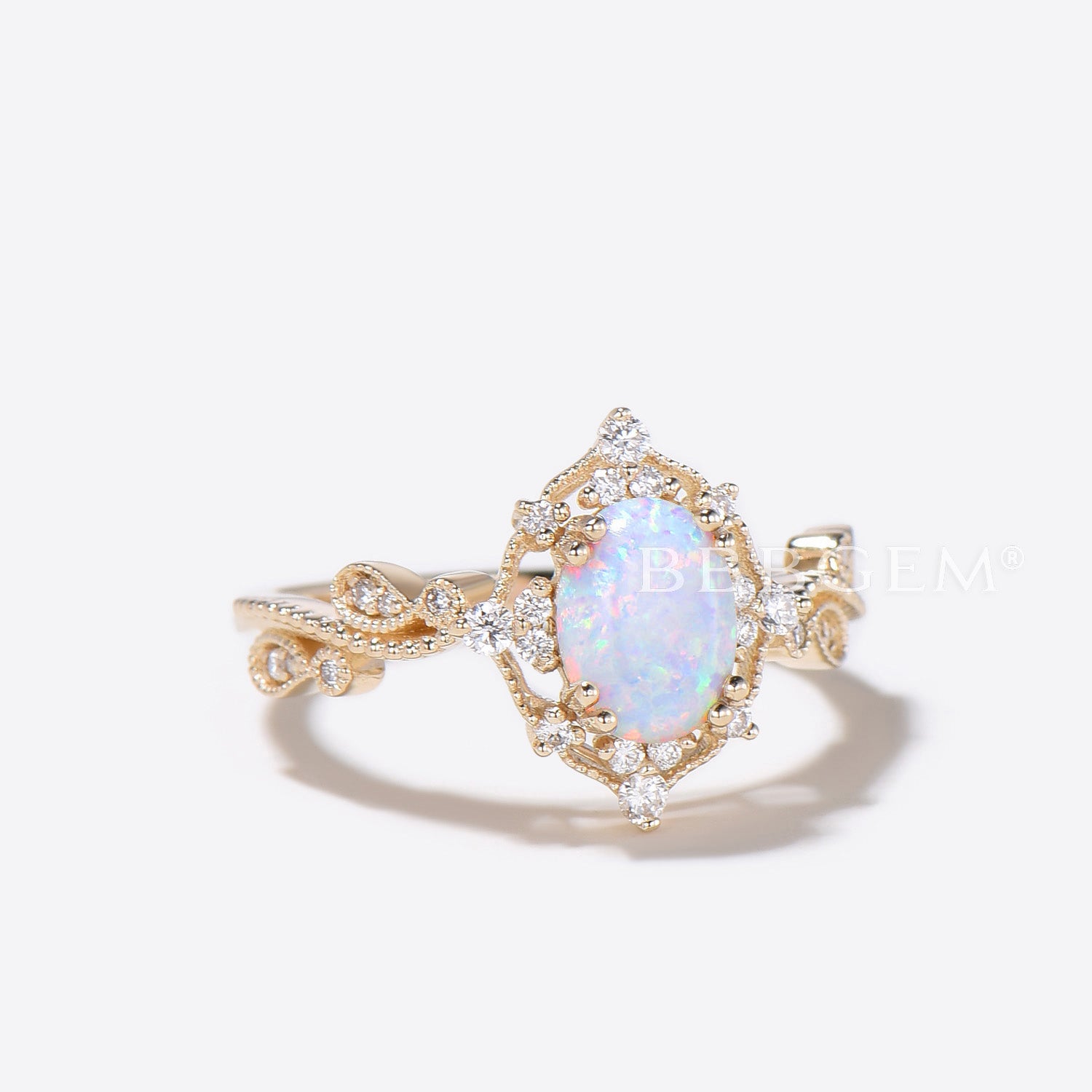 14K Yellow Gold White Opal Engagement Ring with Diamond Accents - Filigree Milgrain Wedding Band for Women, Bridal Jewelry Gift for Her | Perfect for Proposals, Anniversaries & Special Occasions