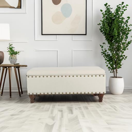 HomePop Large Storage Bench with Nailhead Trim - Cream Upholstered Entryway Bench, Ottoman & Shoe Storage for Living Room, Bedroom & Hallway