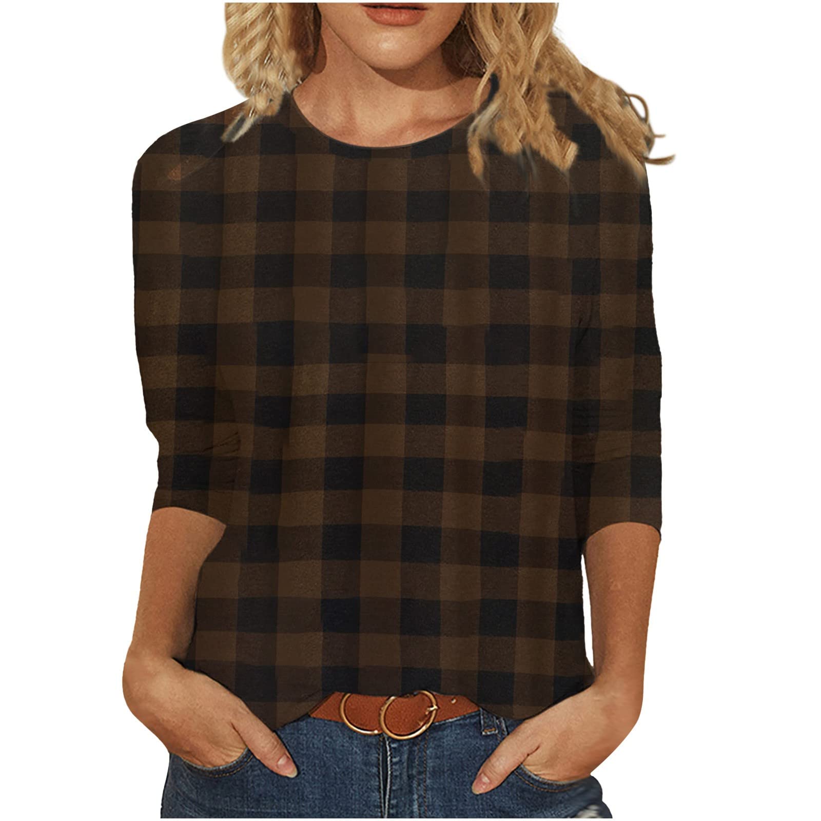 Women's 3/4 Sleeve Casual Plaid Print Blouse - Summer Loose Fit Crewneck Tee Top for Women | Comfortable Fashion Shirt for Work, Weekend & Daily Wear