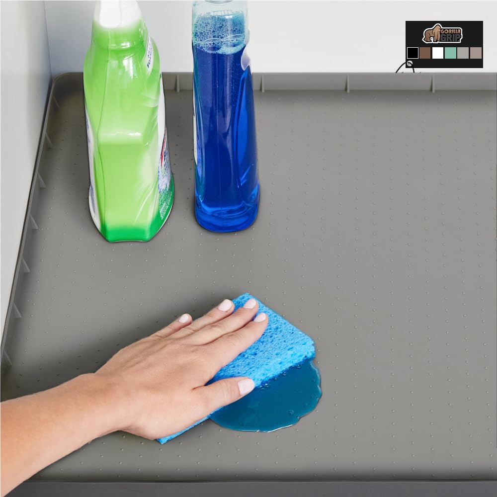 Gorilla Grip Waterproof Silicone Under Sink Mat with Raised Lip - Non-Slip Cabinet Shelf Liner for Kitchen & Bathroom - Dishwasher Safe Drawer Organizer Tray (15
