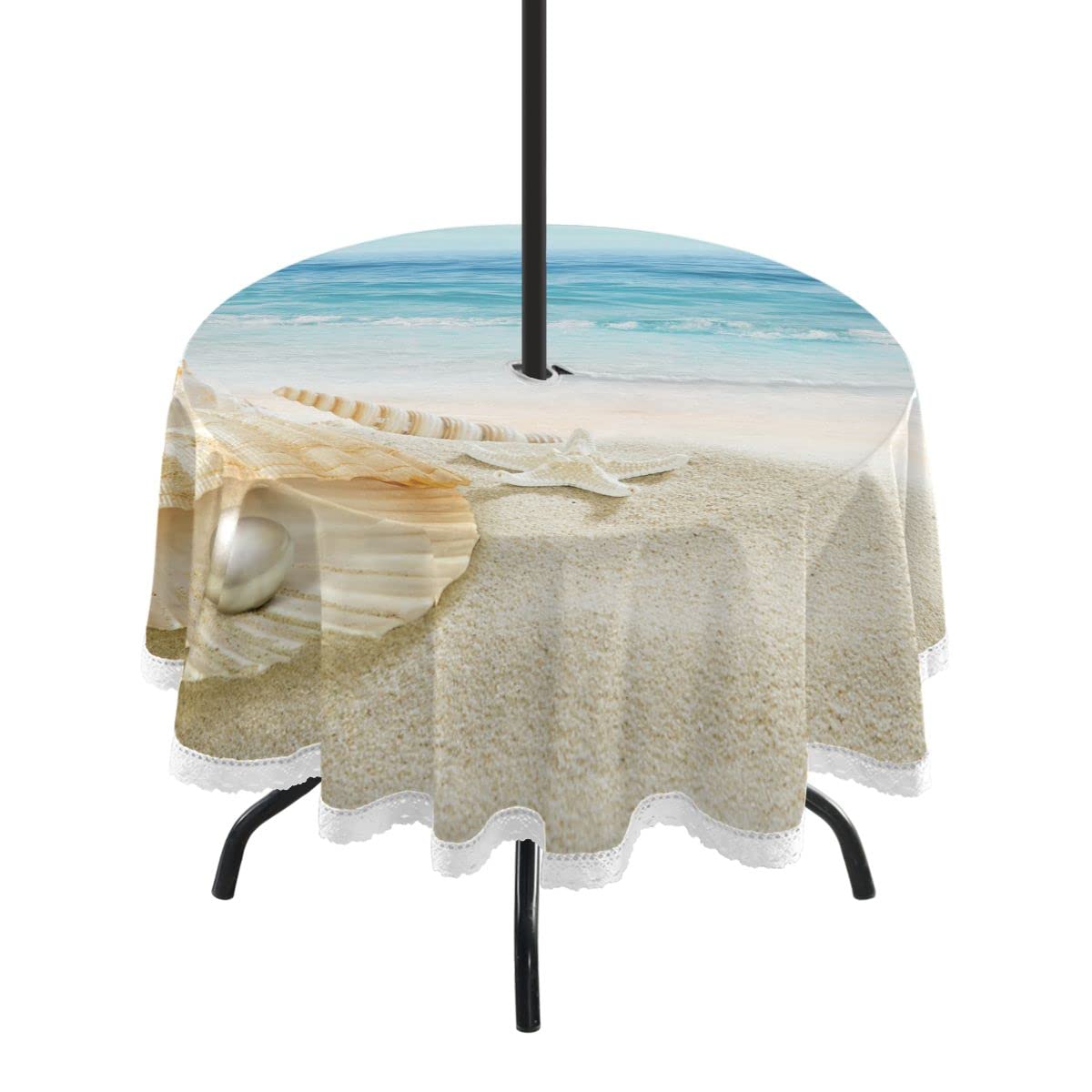 Waterproof Polyester Round Tablecloth 60 Inch - Beach Starfish Design with Umbrella Hole & Zipper - Perfect for Outdoor Picnics, Kitchen Decor, and Party Tables
