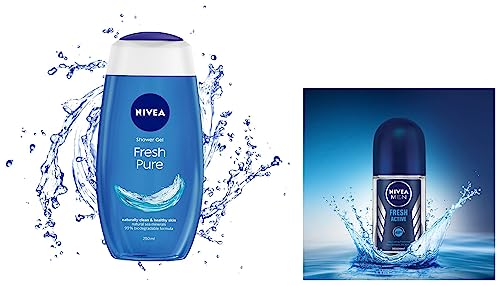 NIVEA Men Fresh Active Roll-On Anti-Perspirant Deodorant 50ml & Refreshing Aquatic Scent Body Wash Shower Gel 250ml - Daily Hygiene & Post-Workout Freshness for Men