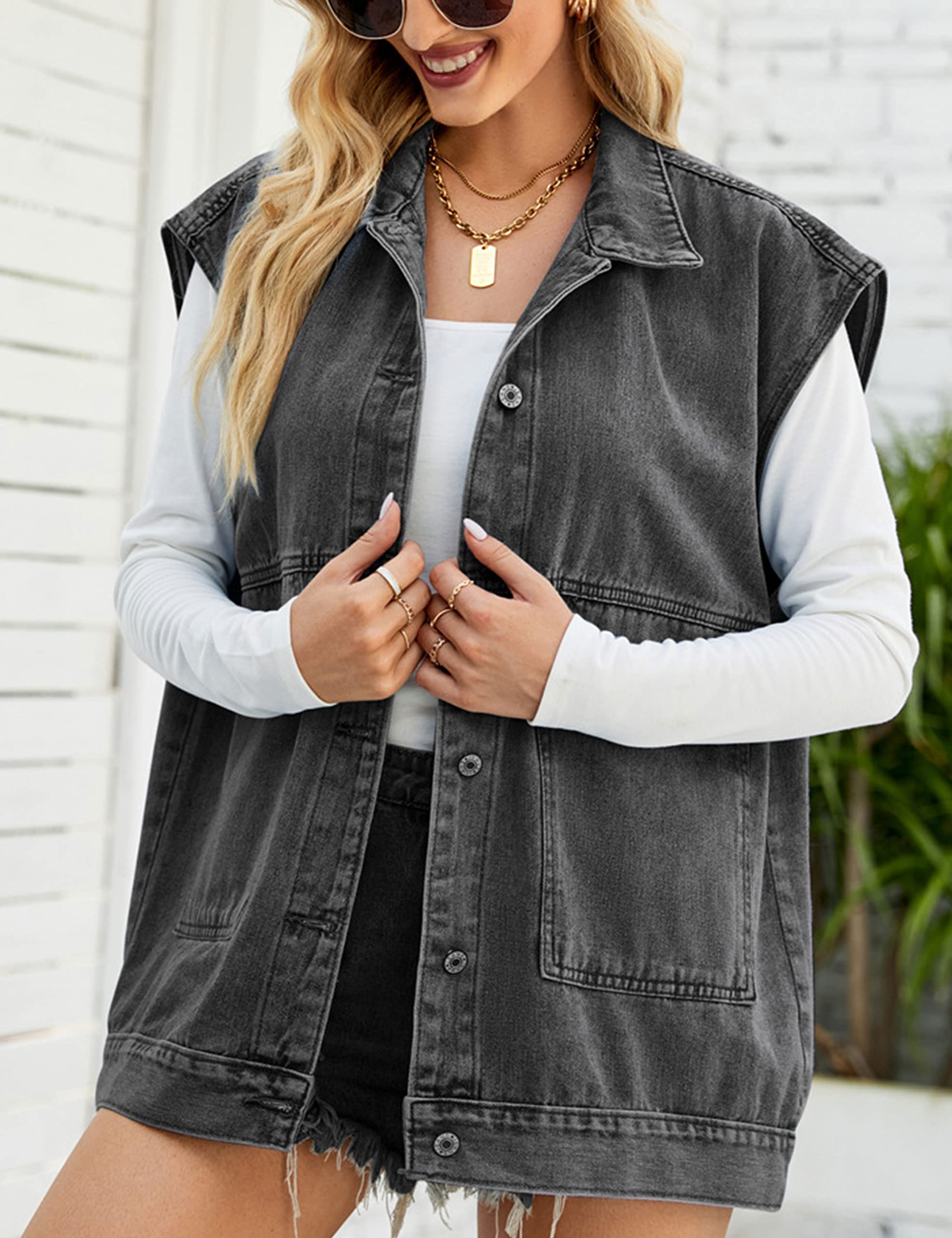 Zontroldy Women's Oversized Denim Vest - Sleeveless Button Down Jean Waistcoat Shacket Jacket for Casual Outfits & Layering