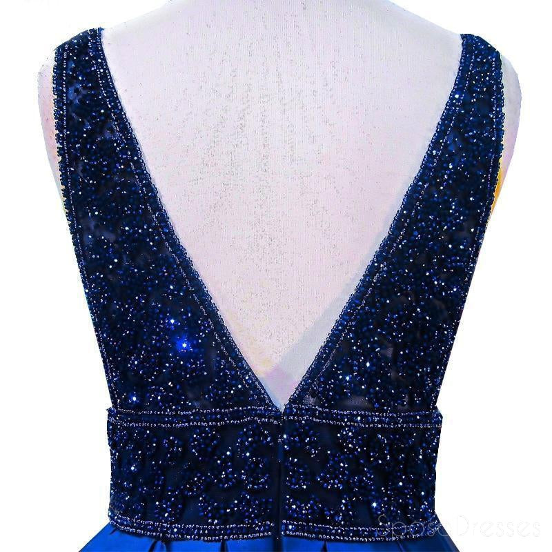 Elegant Navy Blue V-Neck Backless Beaded A-Line Long Evening Prom Dress - Custom Tailored for Special Occasions, Perfect for Homecoming, Formal Events & Weddings