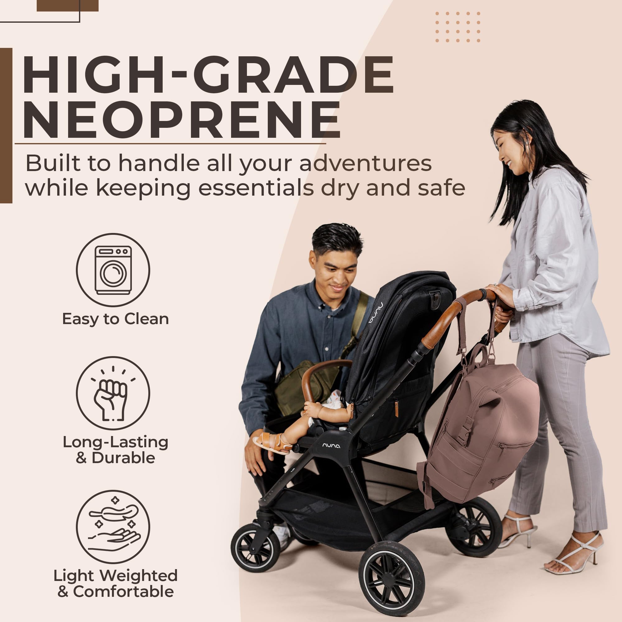 Waterproof Neoprene Diaper Backpack for Baby Girls - Lightweight Minimalist Design with Changing Pad, Pouch & Stroller Straps | Perfect for Travel, Daycare & On-the-Go Parents (Mauve)