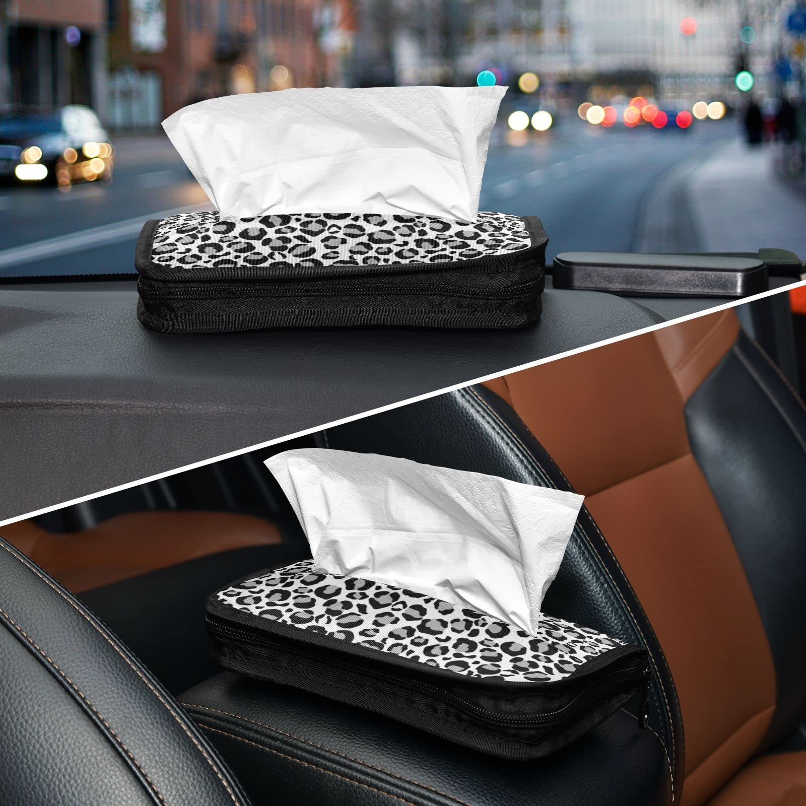 Silver Snow Leopard Car Tissue Holder for Sun Visor - Adjustable Wipe Dispenser with Zipper for Headrest & Armrest - Premium Automotive Accessories | Perfect for Road Trips, Commuting & Family Travel