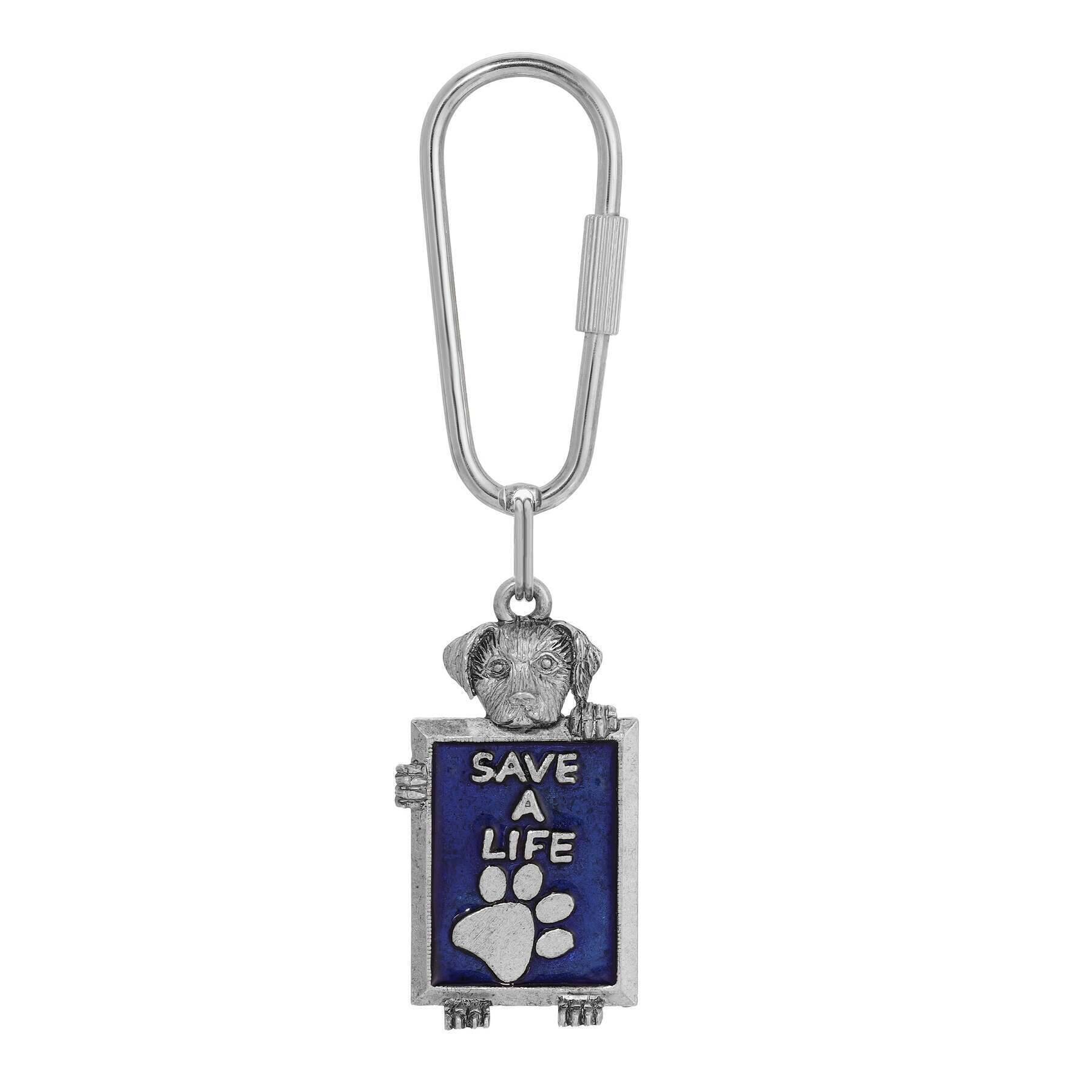 1928 Jewelry Blue Enamel Save A Life Dog Carabiner Keychain - Perfect for Pet Lovers, Key Organization & Everyday Carry Accessories