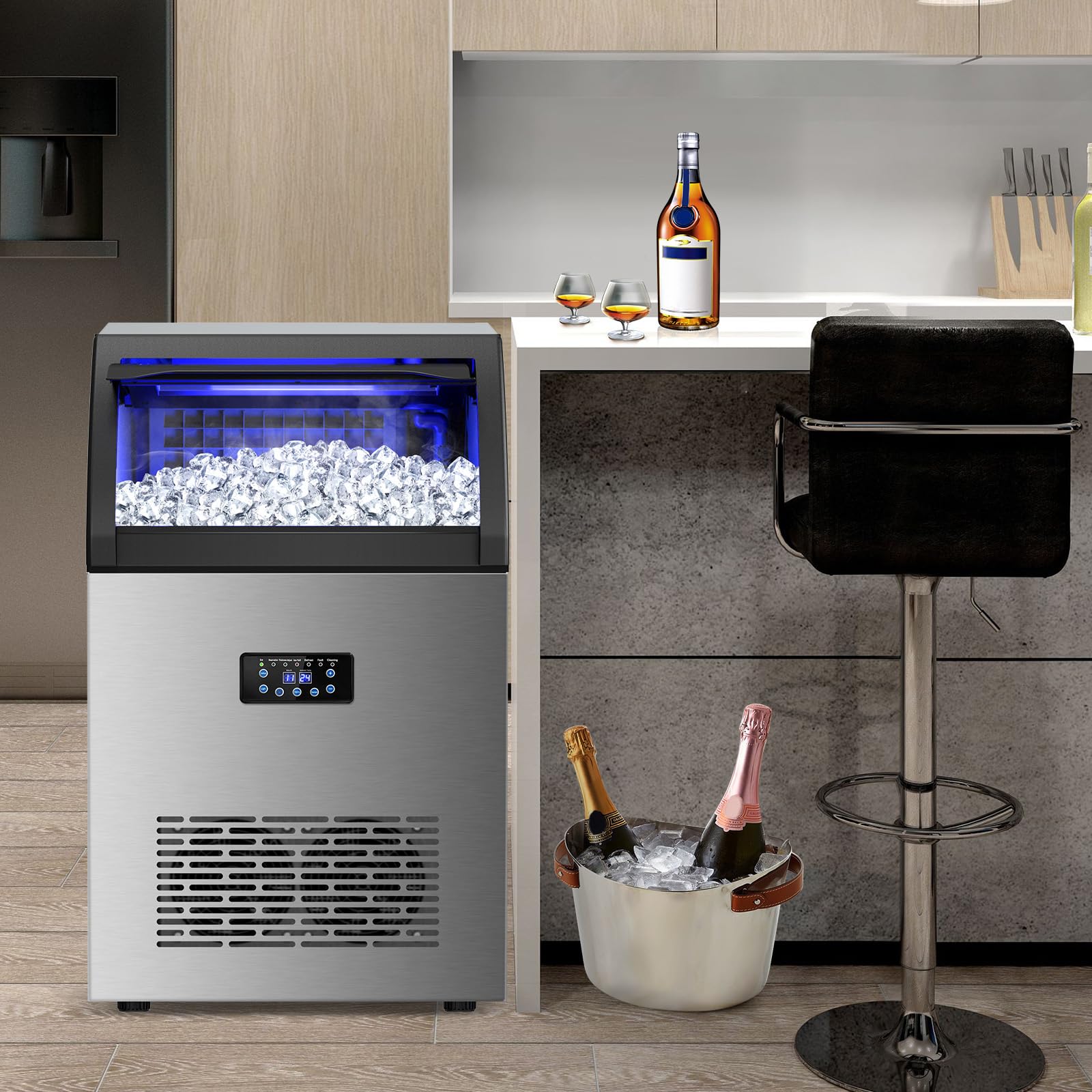 Commercial Ice Maker Machine 150lbs/24H with 45Lbs Storage Bin - Fast 8-Minute Ice Production, Freestanding Countertop Ice Machine for Home, Bar, Office, Restaurant - Perfect for Cocktails, Beverages & Food Preservation