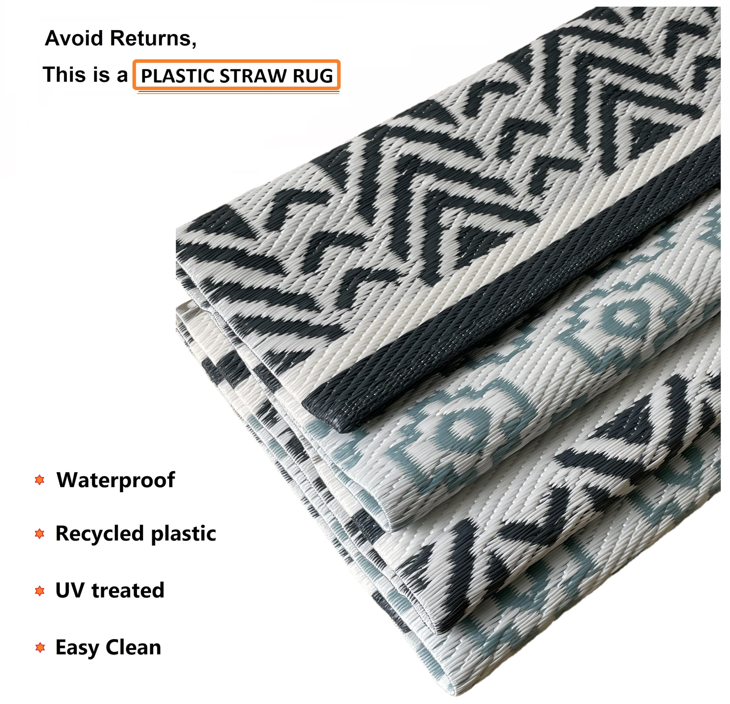BalajeesUSA 9x18 Reversible Outdoor Rug - Waterproof Recycled Plastic Straw Patio Mat for RV, Camper, Deck, Poolside - Grey & Teal Design | Durable & Eco-Friendly