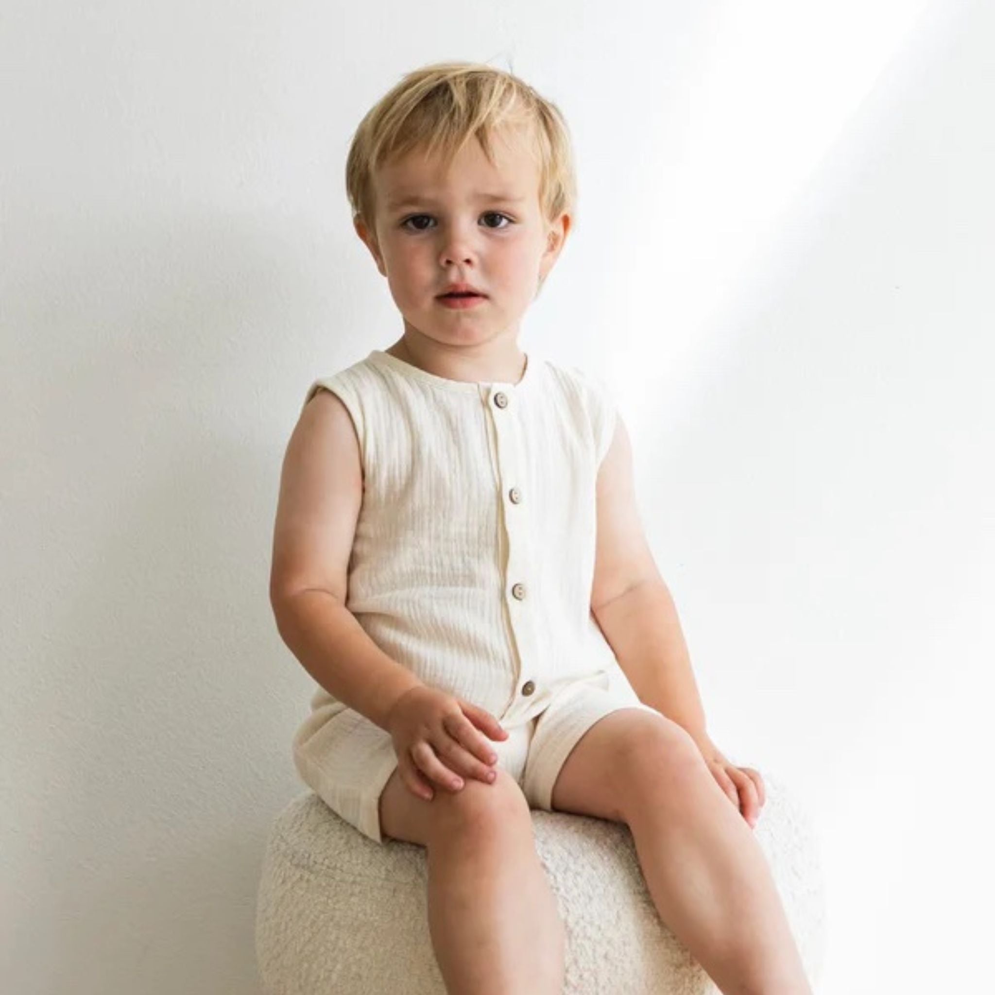 Soft Ecru Muslin Romper for Baby Boys - Breathable & Comfortable Outfit for Playtime, Photos & Special Occasions