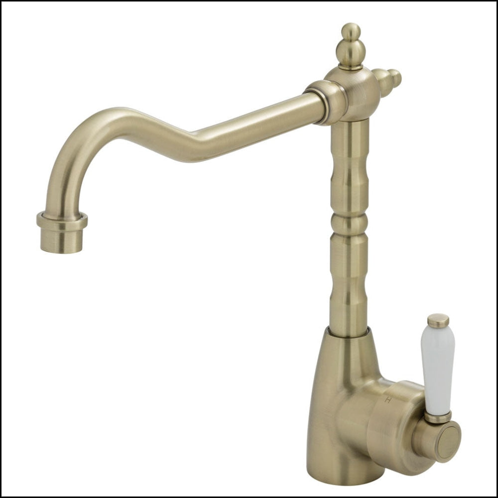 Fienza Eleanor 202105BB Champagne Gold Shepherds Crook Kitchen Sink Faucet with White Ceramic Handle - Perfect for Farmhouse, Vintage & Modern Kitchen Decor