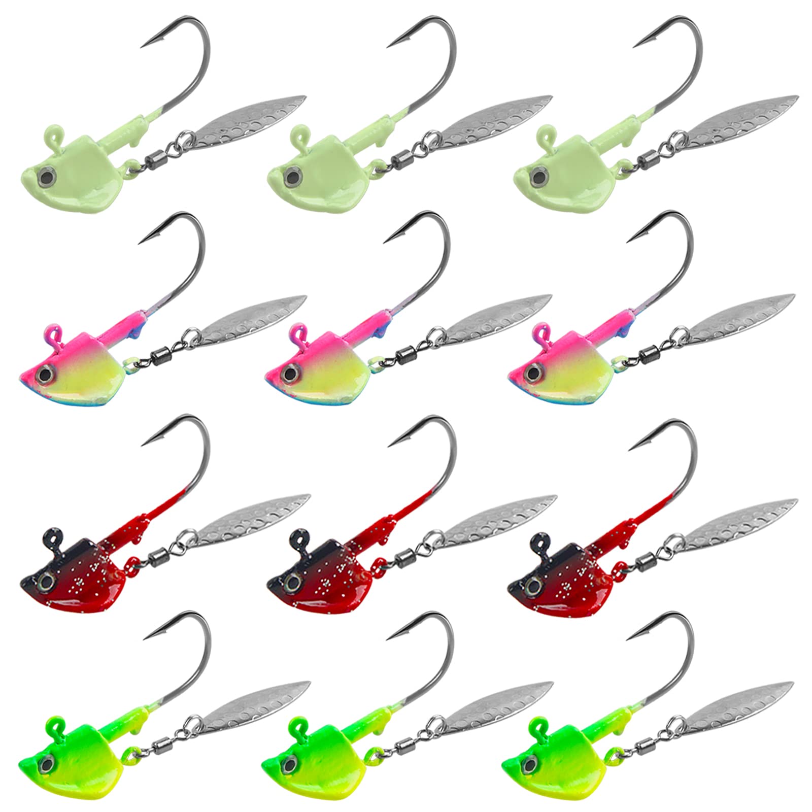 Premium Underspin Jig Heads with Willow Blades - Weighted Swimbait Hooks for Bass, Trout, Walleye & Crappie Fishing (1/4oz, 3/8oz, 3/7oz, 12 Pack) - Ideal for Freshwater & Saltwater Angling