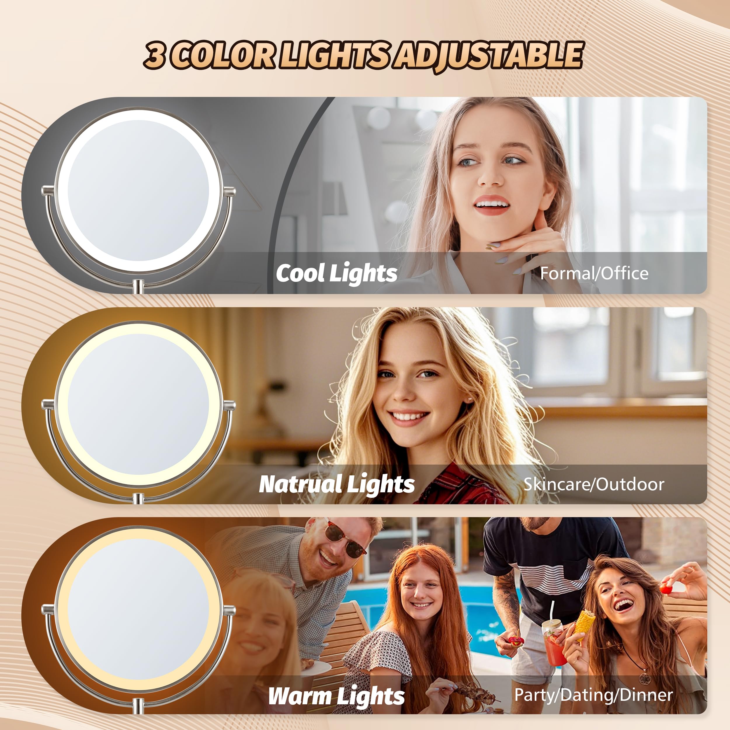 15X Magnifying Mirror with Light - 9 Inch LED Vanity Mirror with 360° Rotation & Touch Screen, Rechargeable Double-Sided Makeup Mirror in Brushed Nickel - Perfect for Makeup Application, Skincare Routine & Eyebrow Grooming
