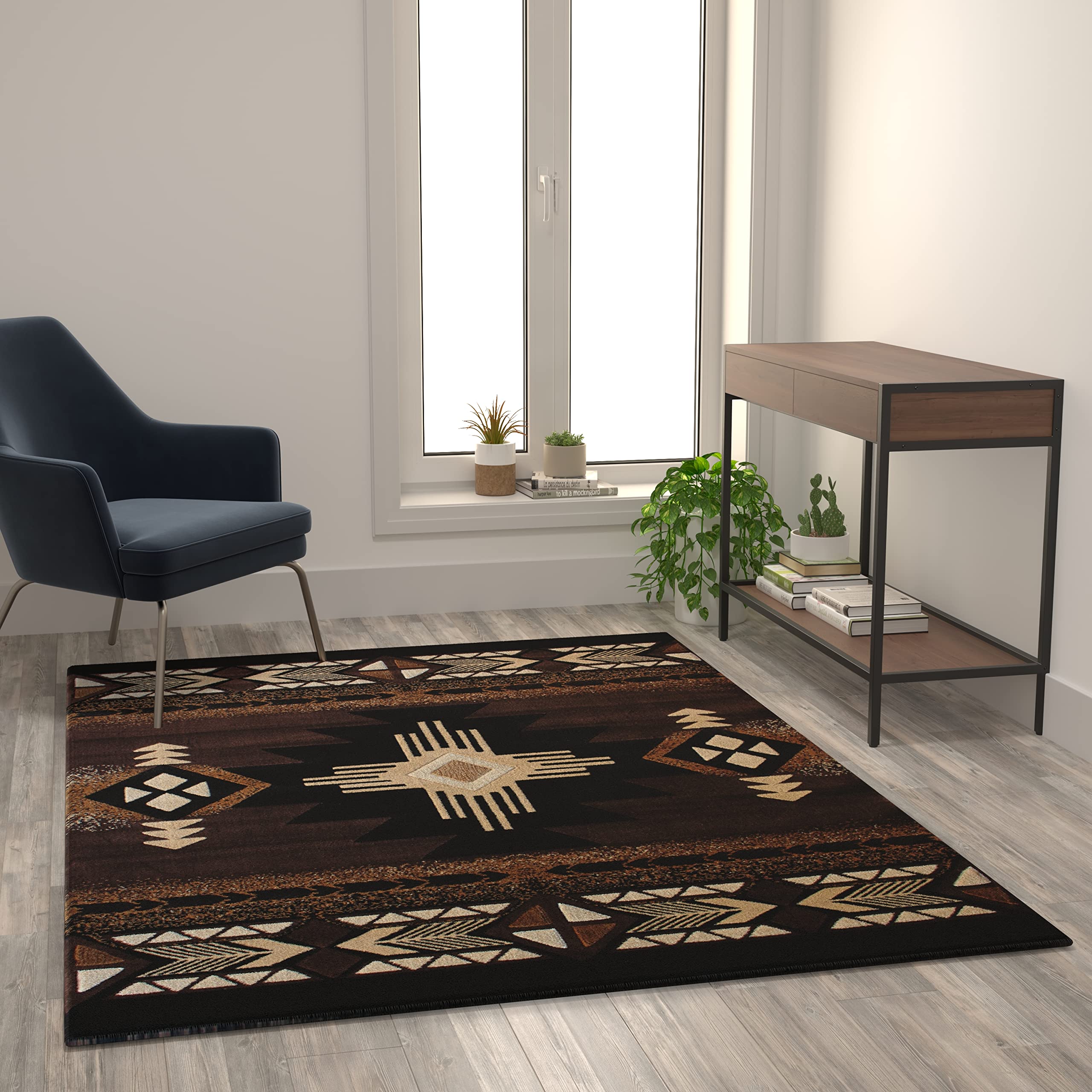 Flash Furniture Mohave Traditional Southwestern Style Area Rug 5' x 7' - Rustic Chocolate Brown Olefin Rug with Jute Backing - Perfect for Living Room, Bedroom, or Southwestern Home Decor
