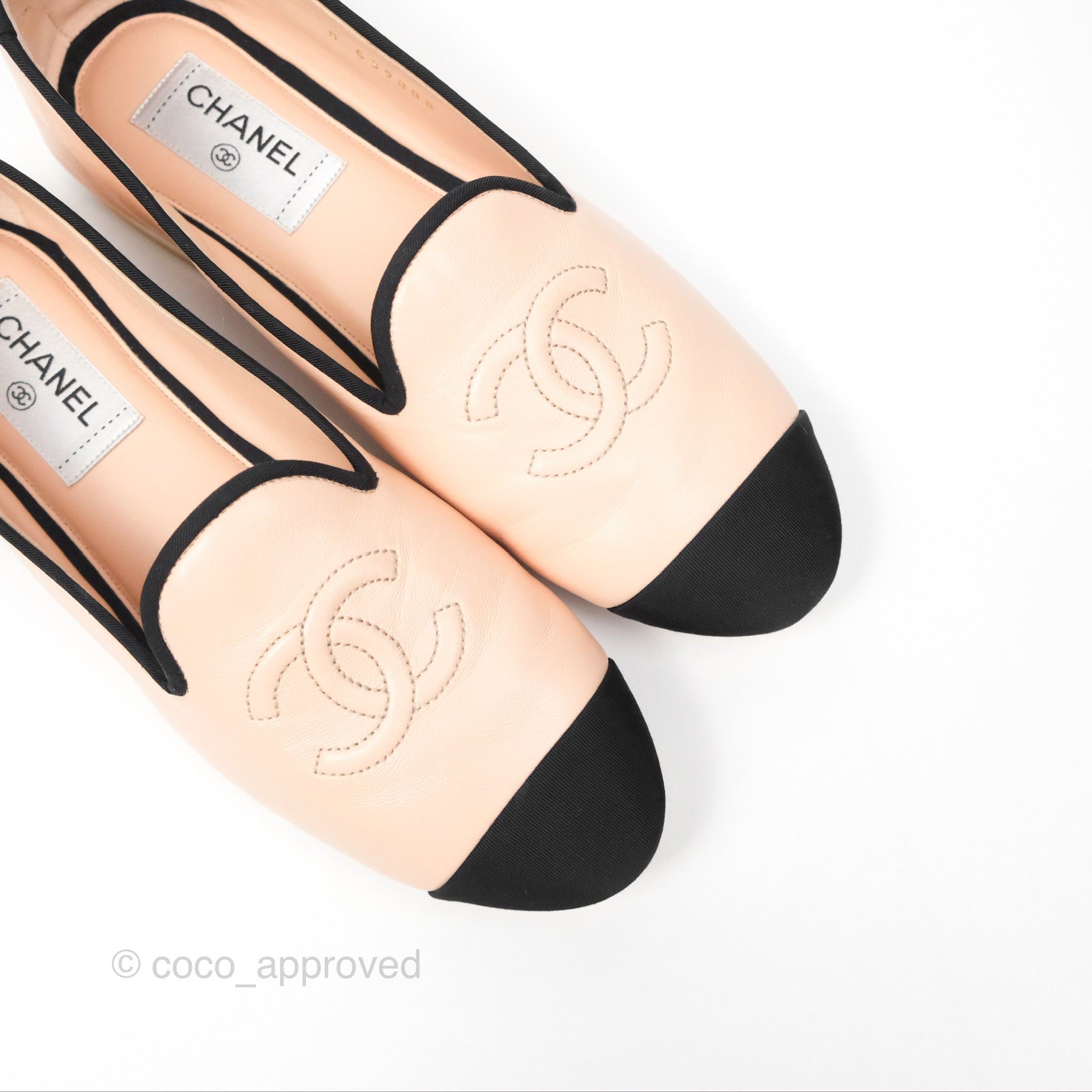 Chanel CC Cap Toe Loafers for Women - Black & Beige Leather Shoes Size 39 | Luxury Designer Loafers for Office, Party & Casual Wear